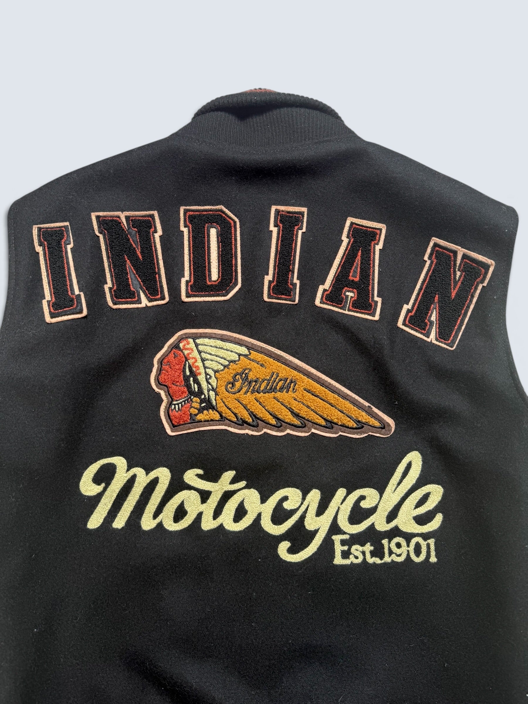 Jacket teddy varsity cuir Indian Motorcycle Japan edition black & white 00's - S
