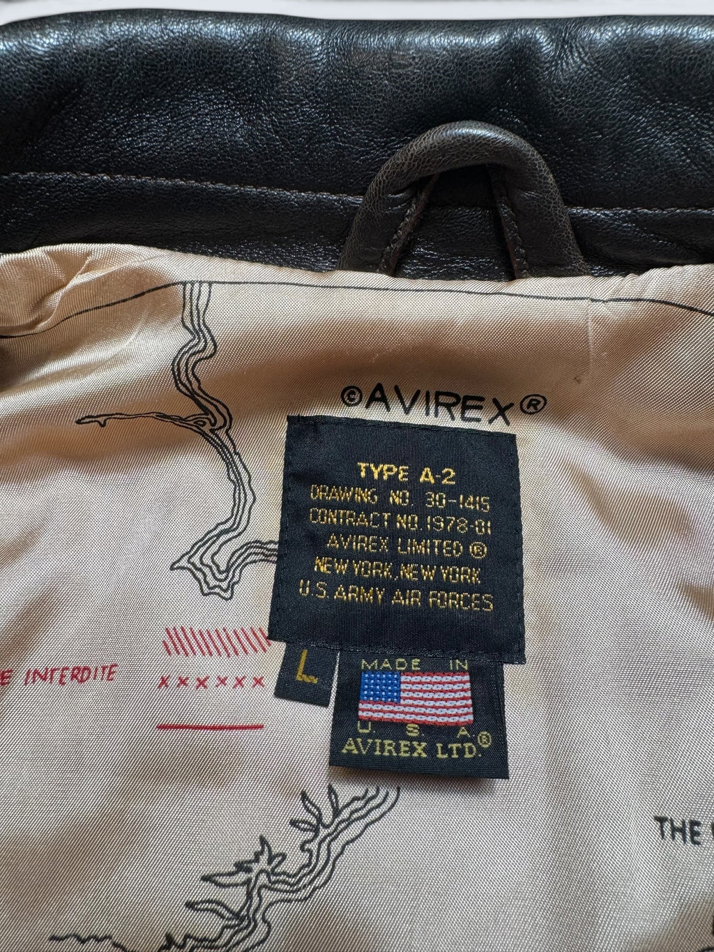 Jacket cuir cowhide flight A-2 Avirex made in USA usaf Glenn Millers nose art black 1989 - L