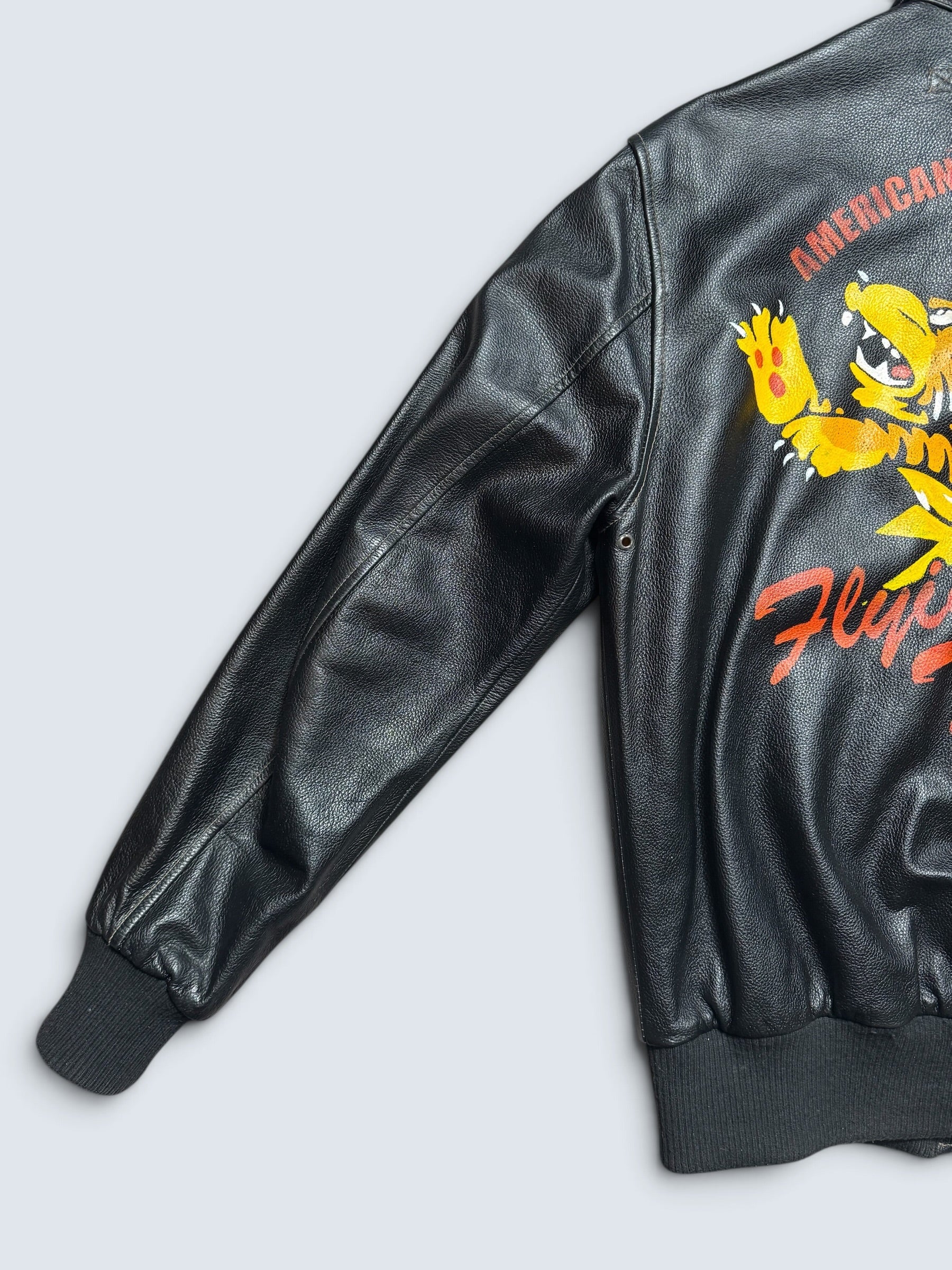 Jacket cuir flight A-2 Willis & Geiger patch & nose art flying tigers usaf black 00's - M