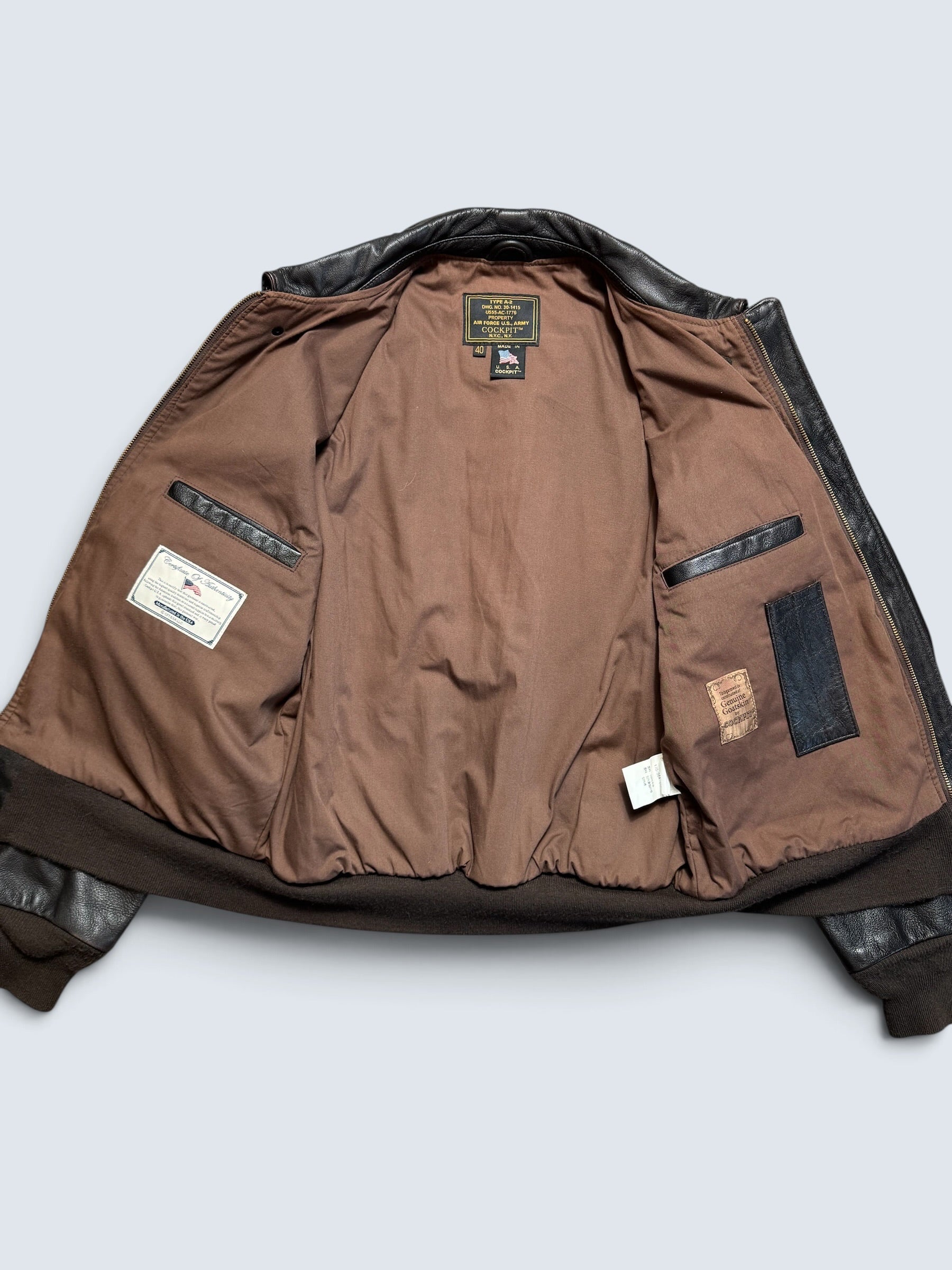 Jacket cuir goatskin flight A-2 Cockpit made in usa usaf Menphis Belle nose art patch black - 40 (L/XL)