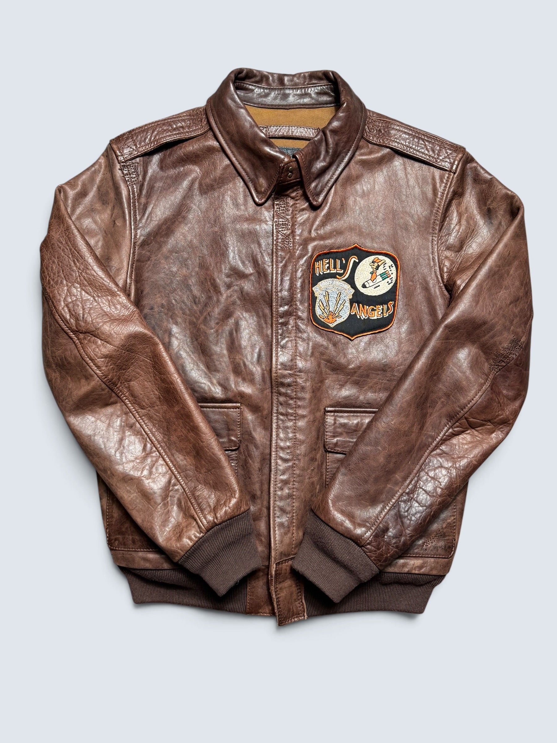 Jacket cuir horsehide flight A-2 Curphey Leather Hell's Angels patch & nose art usaf brown - 36 (S)
