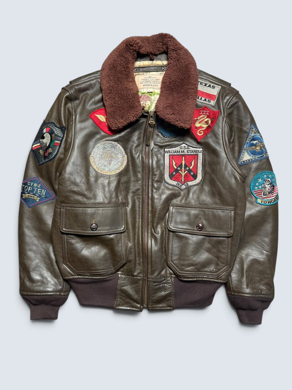 Jacket cuir cowhide flight G-1 Avirex LTD Japan exclusive Top Gun usn full patch brown 00’s - L