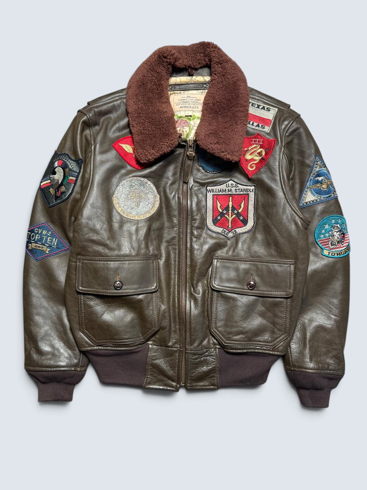 Jacket cuir cowhide flight G-1 Avirex LTD Japan exclusive Top Gun usn full patch brown 00’s - L