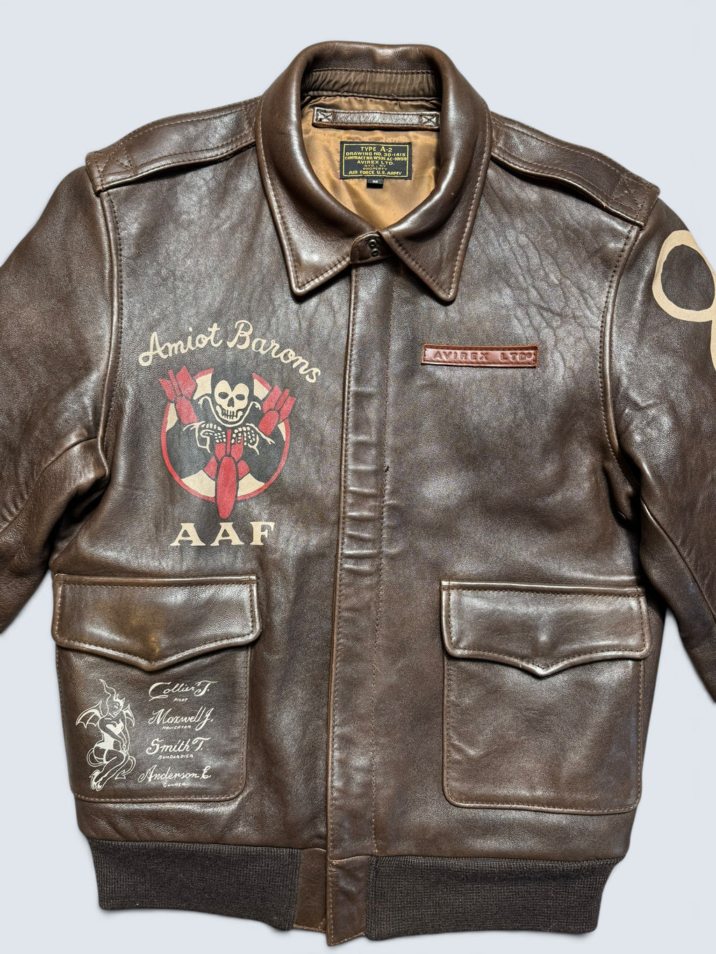 Jacket cuir cowhide flight A-2 Avirex LTD usaf nose art patch brown - S/M