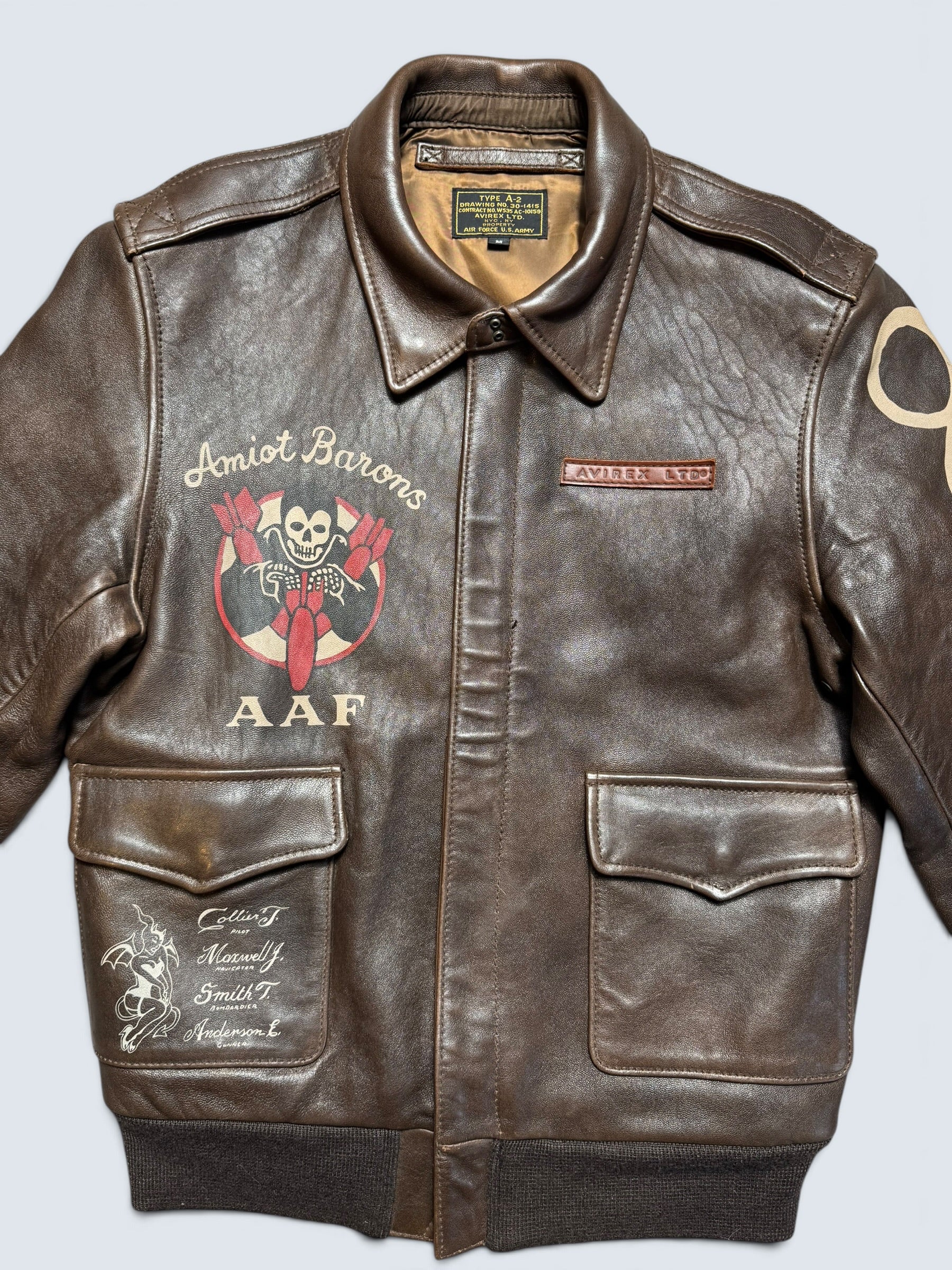 Jacket cuir cowhide flight A-2 Avirex LTD usaf nose art patch brown - S/M