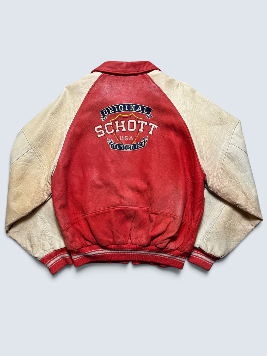 Jacket cuir varsity baseball stadium Schott NYC made in USA red white vintage 80/90’s - XL