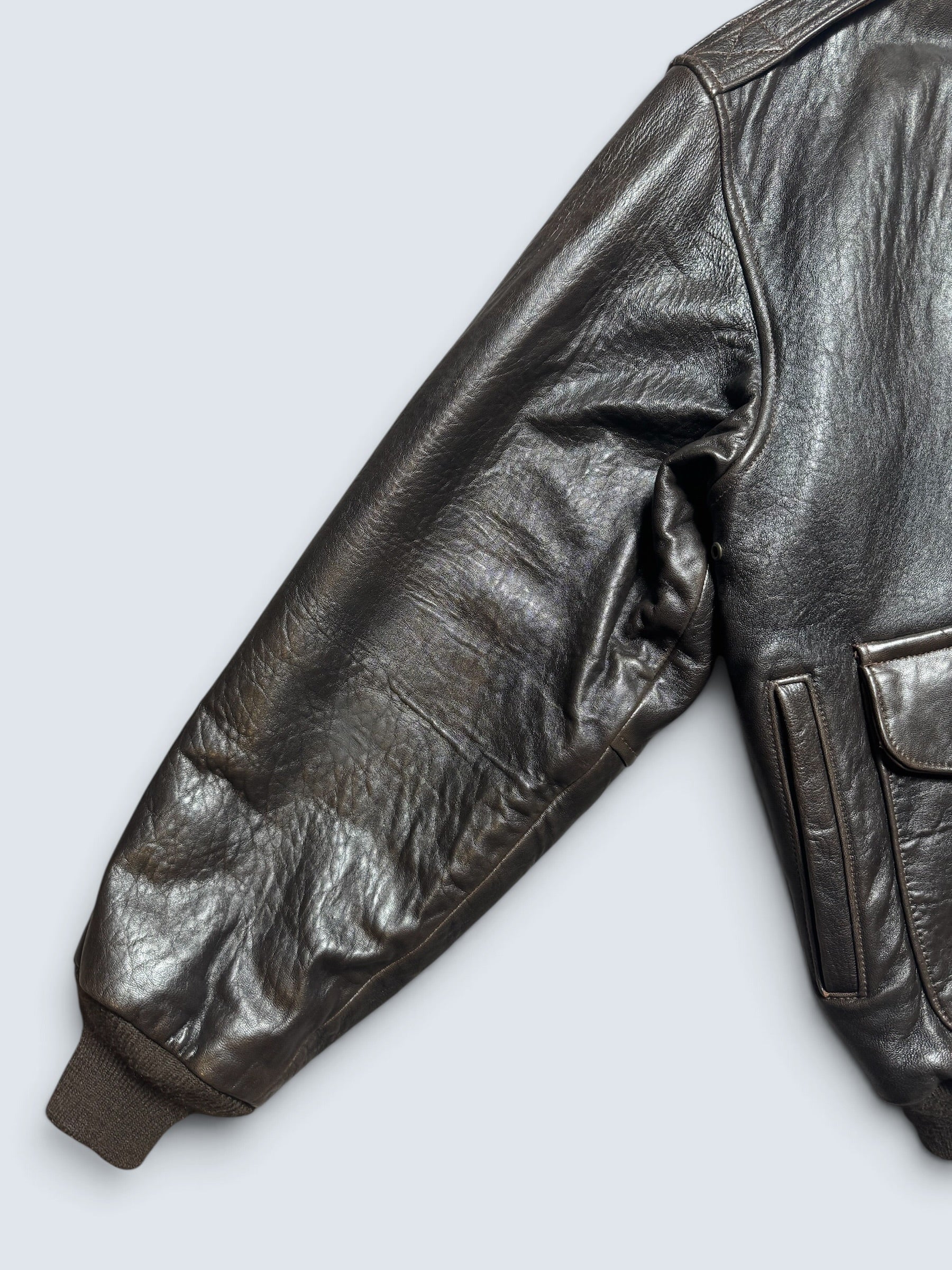 Jacket cuir cowhide flight A-2 Avirex made in USA usaf Glenn Millers nose art black 1989 - L