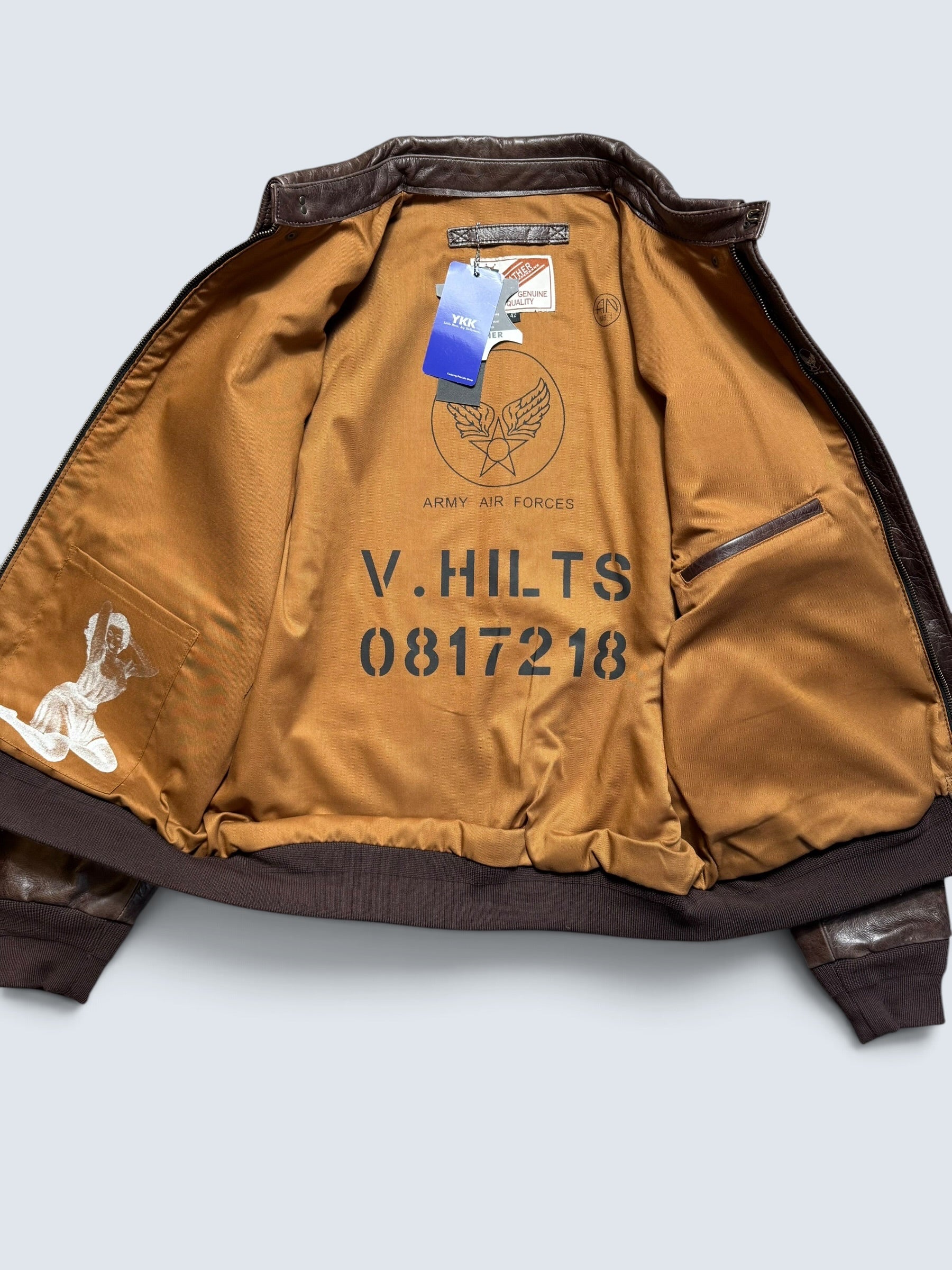 Jacket cuir horsehide flight A-2 Curphey Leather Hell's Angels patch & nose art usaf brown - 42 (L)
