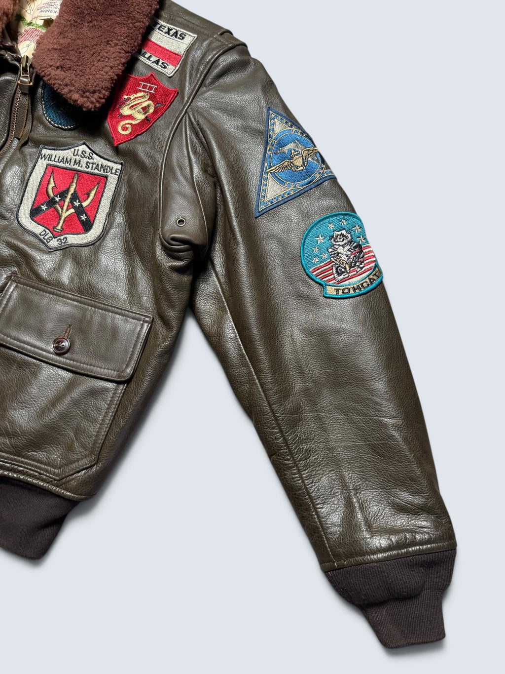Jacket cuir cowhide flight G-1 Avirex LTD Japan exclusive Top Gun usn full patch brown 00’s - L