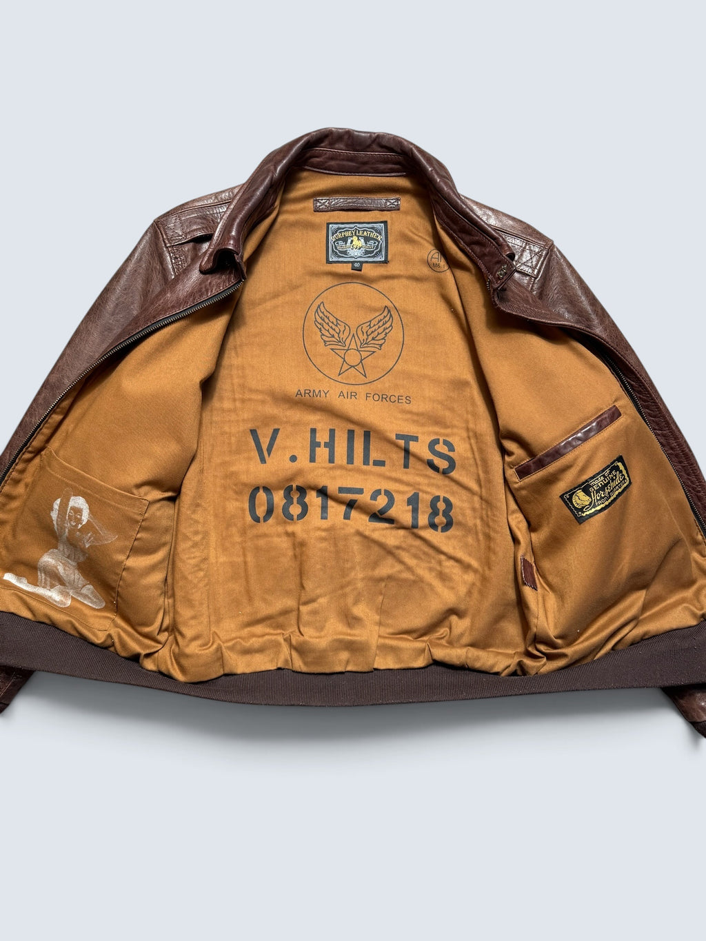 Jacket cuir horsehide flight A-2 Curphey Leather Hell's Angels patch & nose art usaf brown - 40 (M)