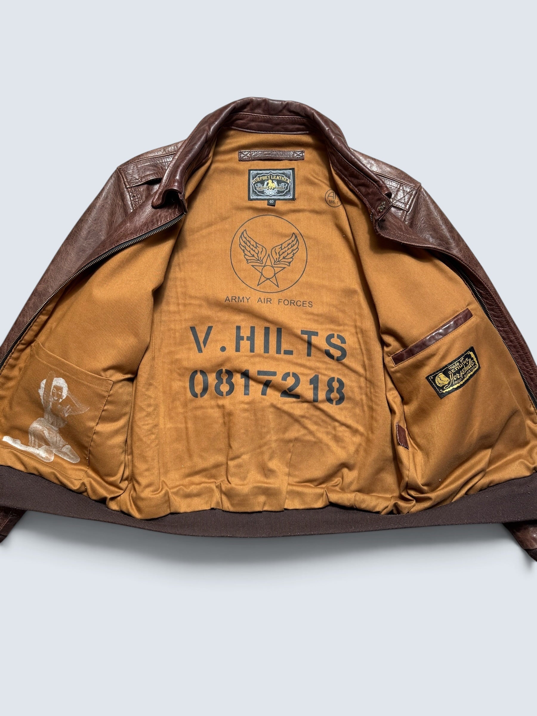 Jacket cuir horsehide flight A-2 Curphey Leather Hell's Angels patch & nose art usaf brown - 40 (M)