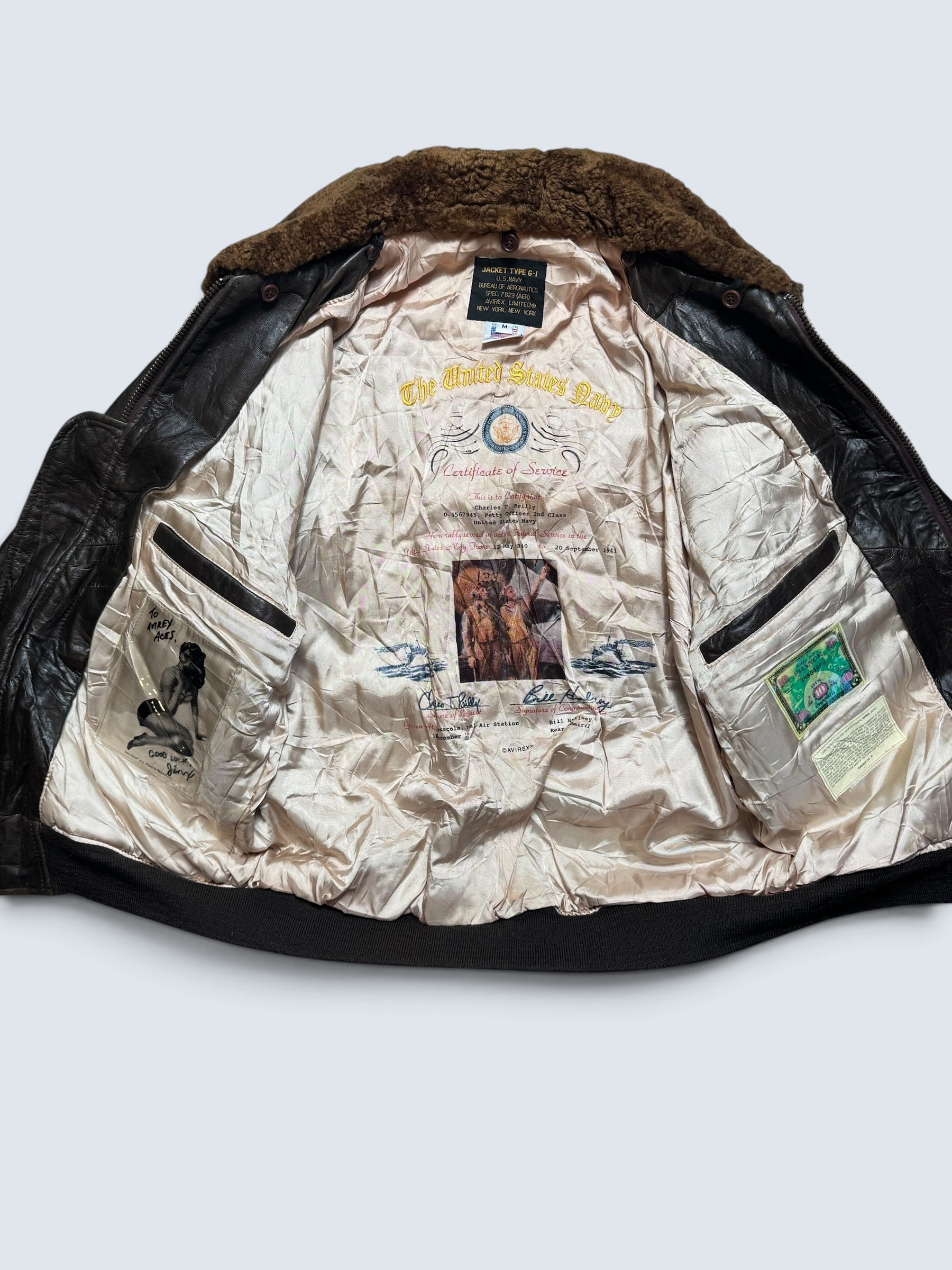 Jacket cuir cowhide flight G-1 Avirex Limited Made in USA usn 20th patch brown 80’s - M