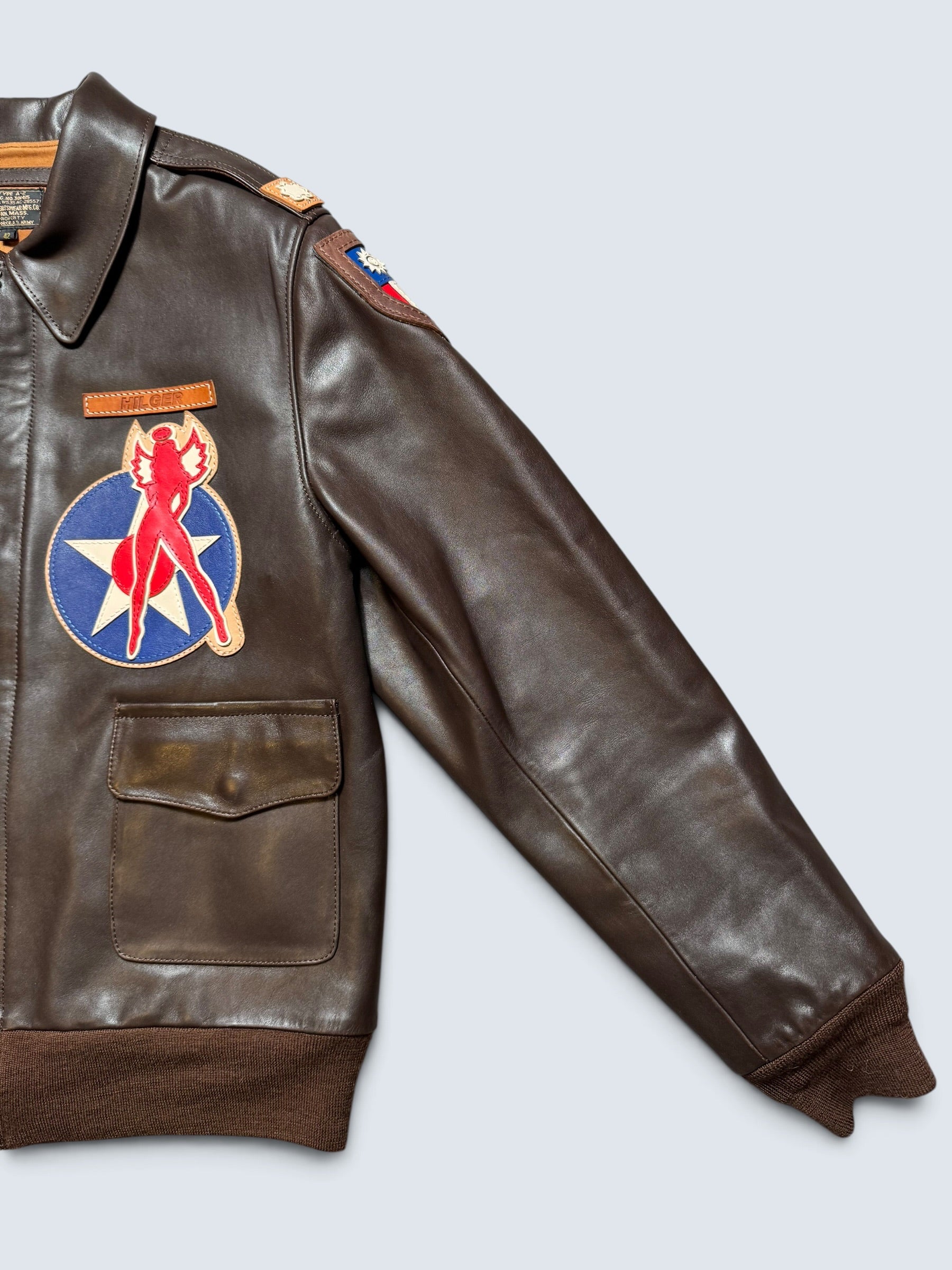 Jacket cuir Horsehide flight A-2 Star Sportswear MFG. co Flying Tigers usaf nose art full patch brown - 42 (L)
