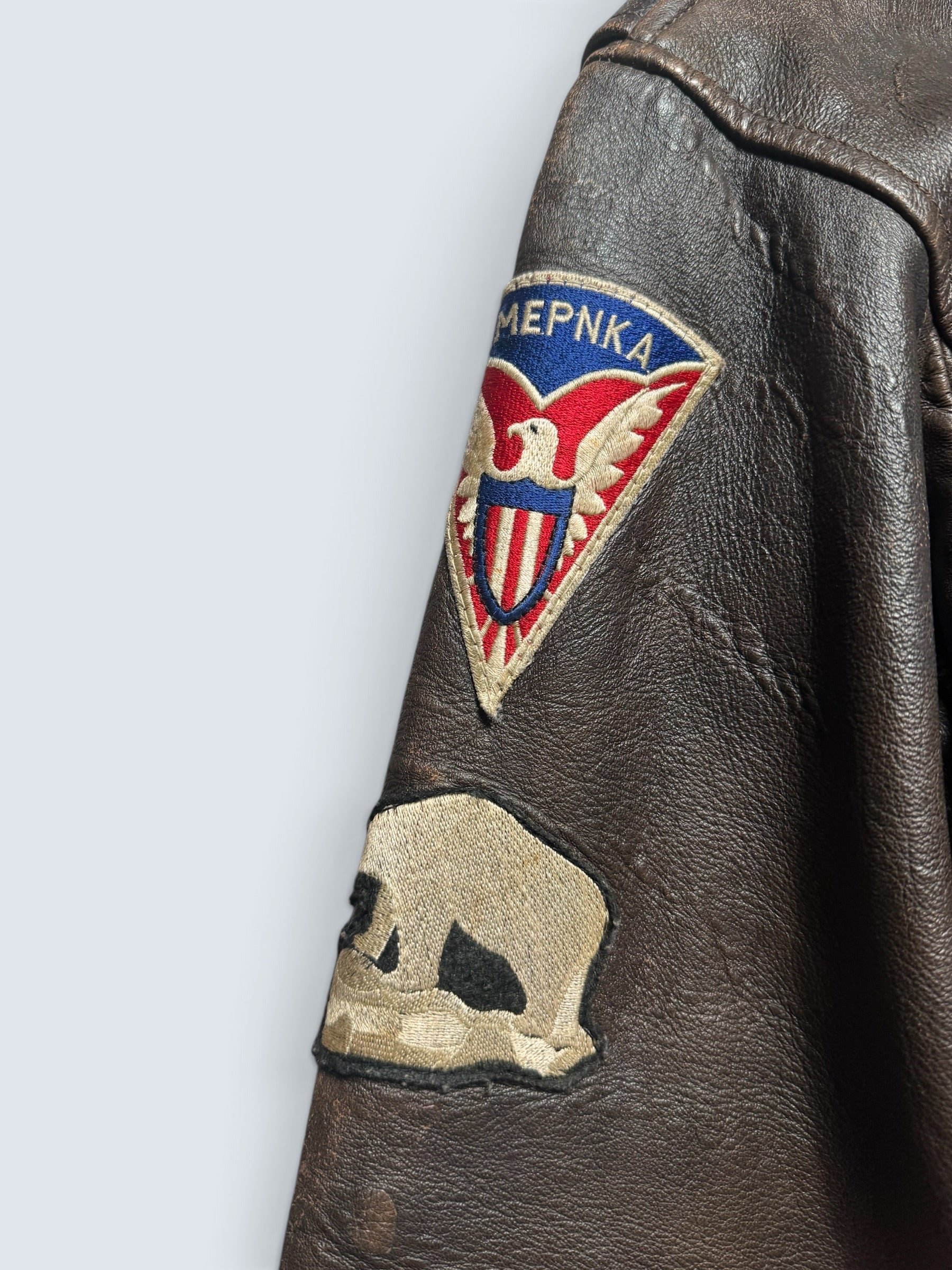Jacket cuir cowhide flight G-1 Avirex usn full patch Mig-29 brown 1990 - XS/S