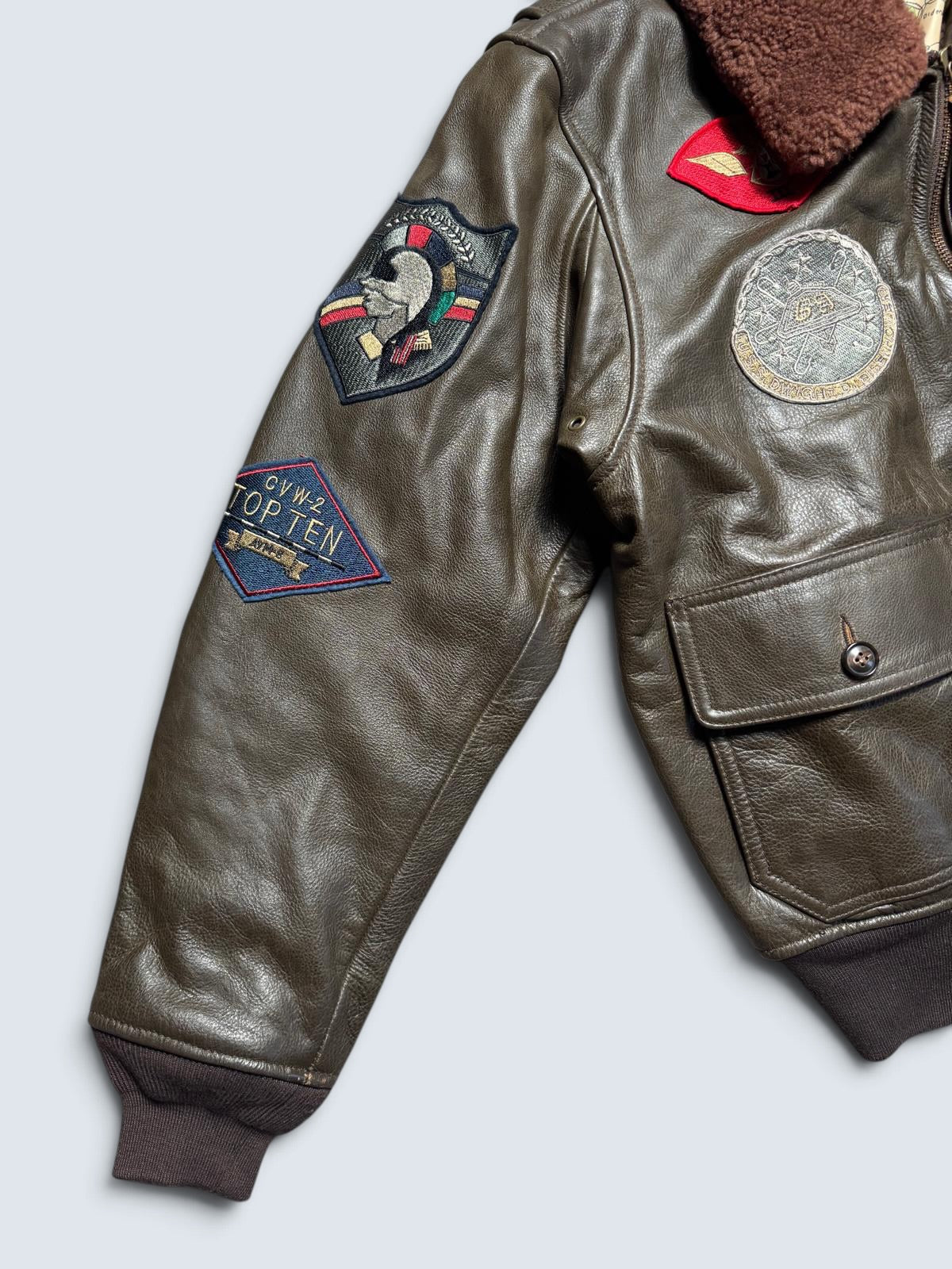 Jacket cuir cowhide flight G-1 Avirex LTD Japan exclusive Top Gun usn full patch brown 00’s - L