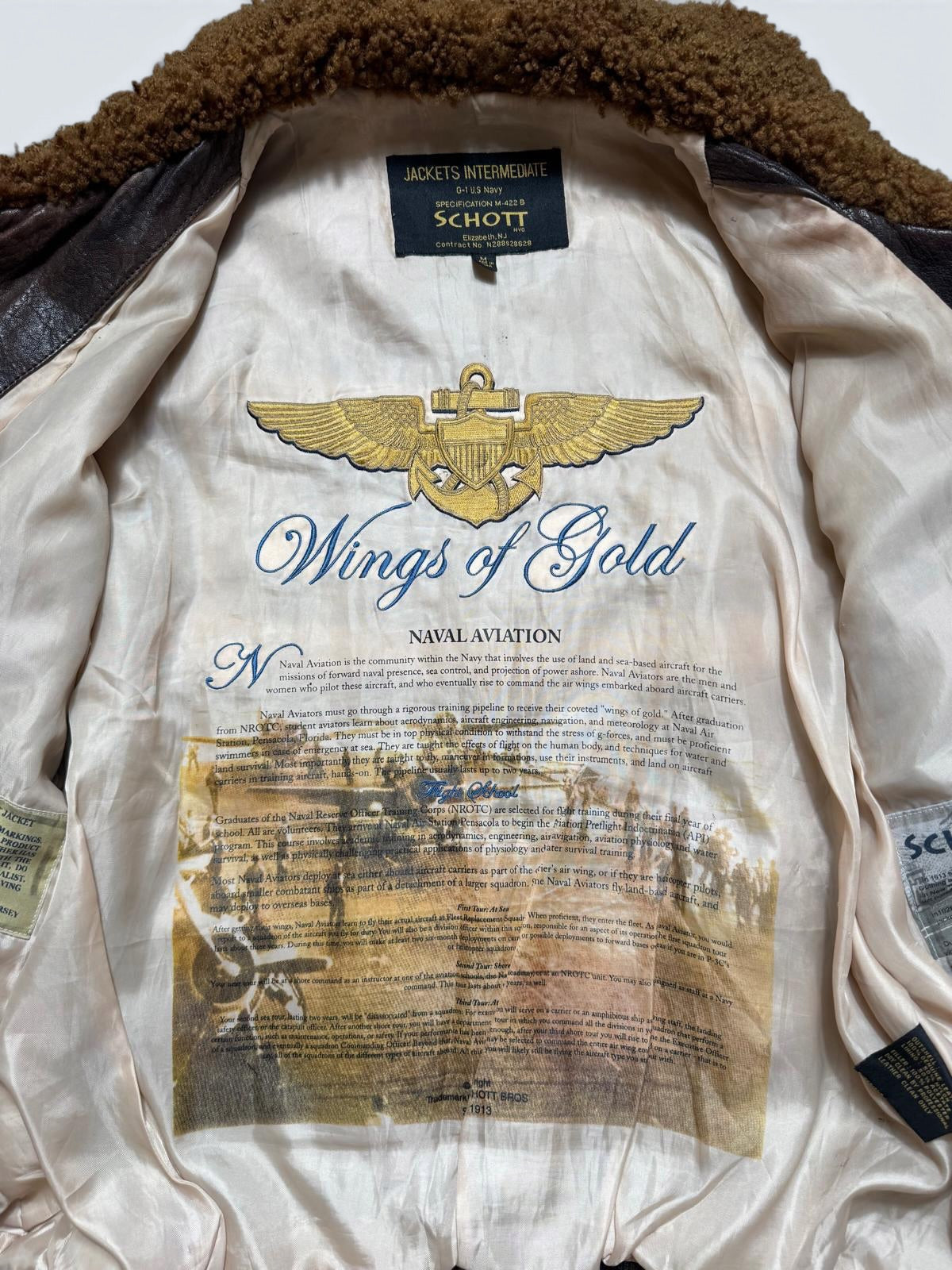 Jacket cuir cowhide flight G-1 Schott NYC Wings Of Gold Top Gun usn full patch black - M