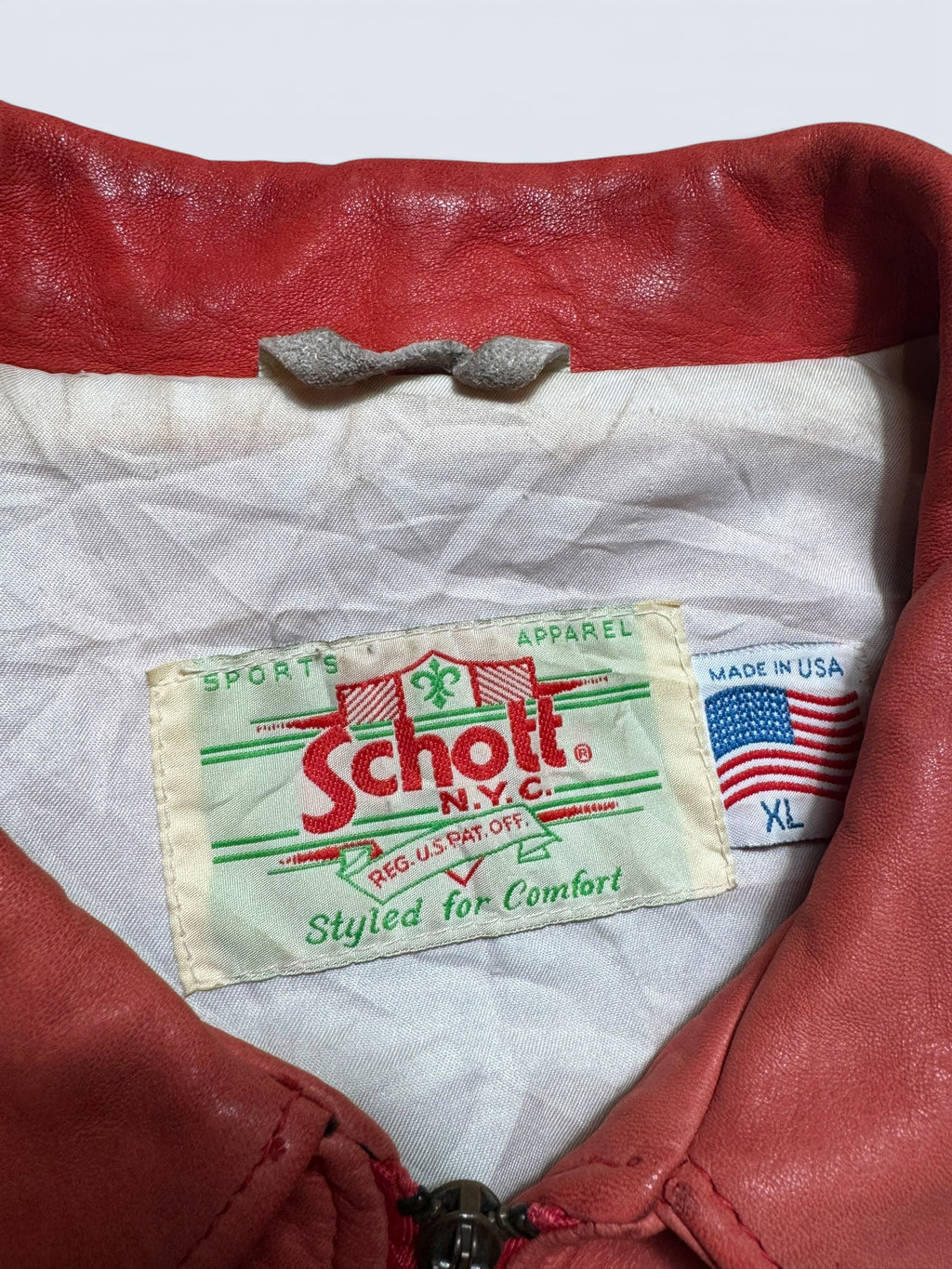 Jacket cuir varsity baseball stadium Schott NYC made in USA red white vintage 80/90’s - XL