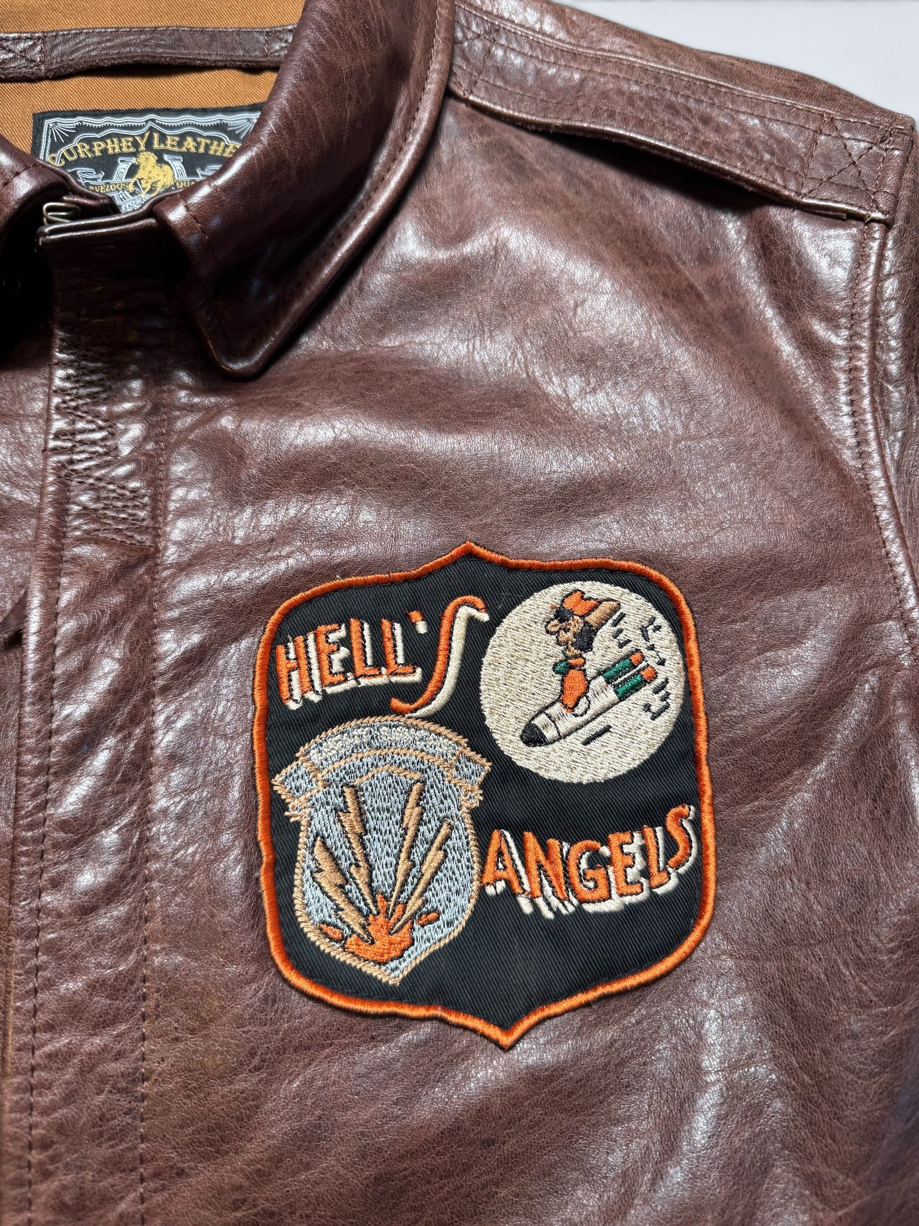 Jacket cuir horsehide flight A-2 Curphey Leather Hell's Angels patch & nose art usaf brown - 40 (M)