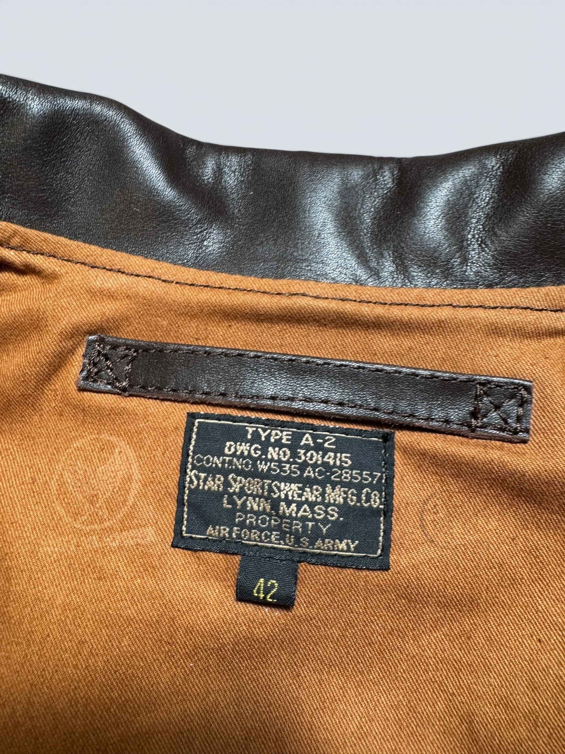 Jacket cuir Horsehide flight A-2 Star Sportswear MFG. co Flying Tigers usaf nose art full patch brown - 42 (L)