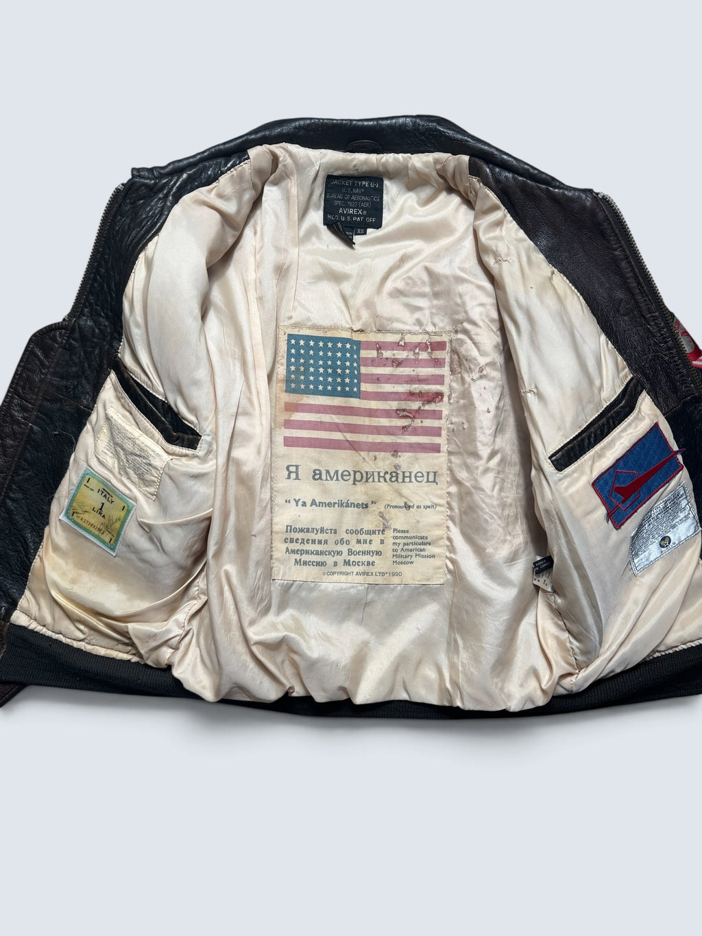 Jacket cuir cowhide flight G-1 Avirex usn full patch Mig-29 brown 1990 - XS/S