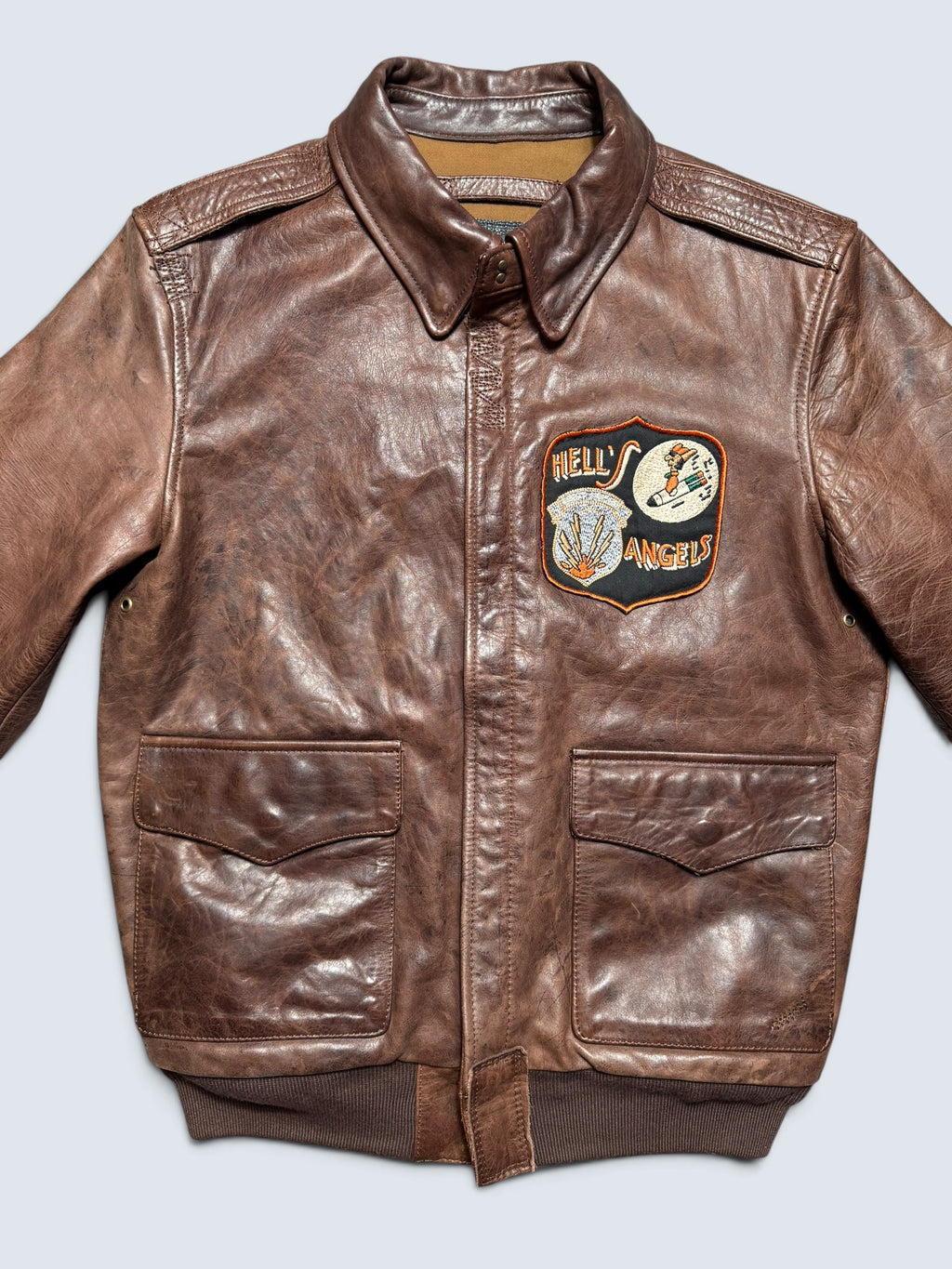 Jacket cuir horsehide flight A-2 Curphey Leather Hell's Angels patch & nose art usaf brown - 36 (S)
