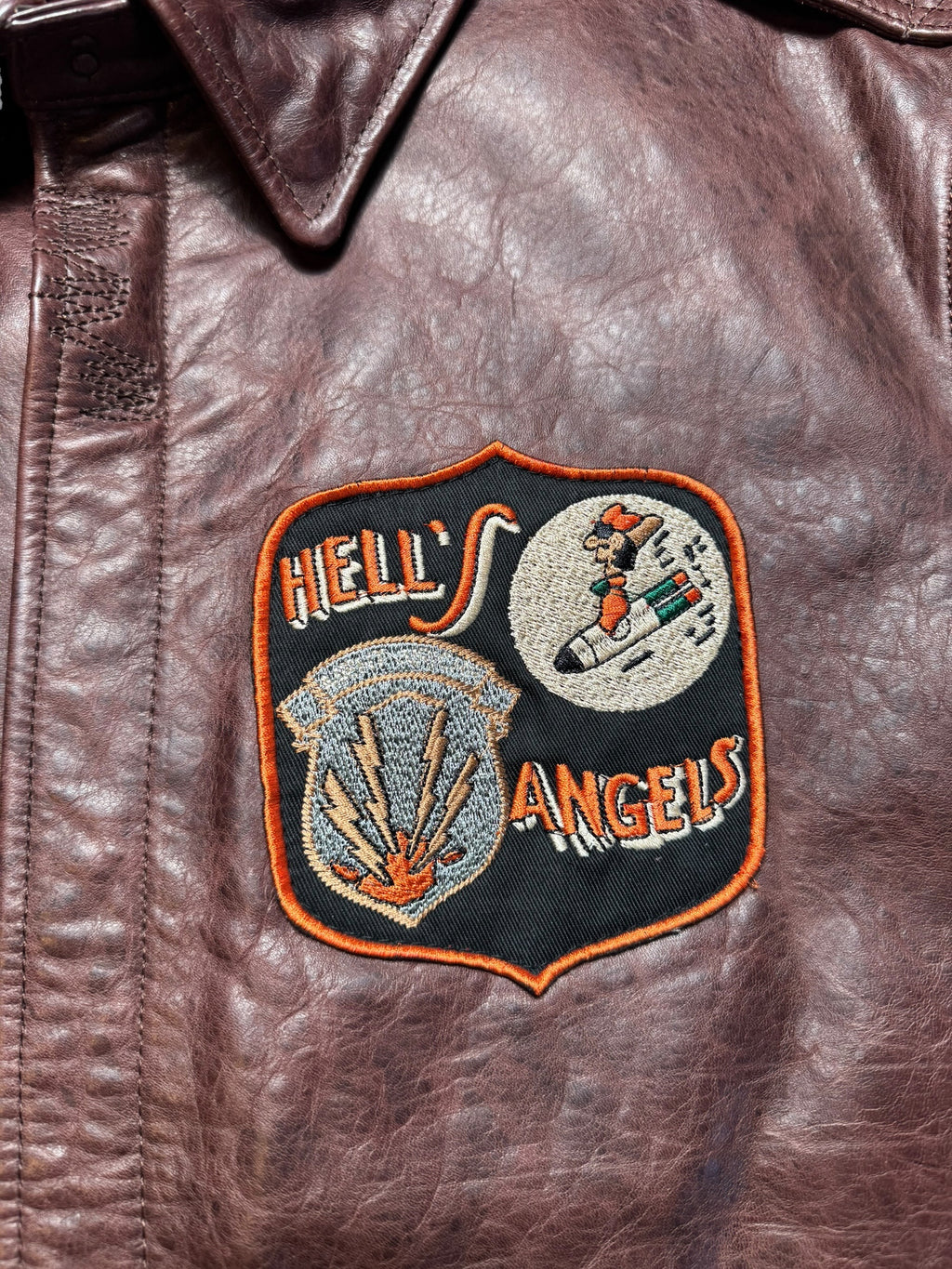 Jacket cuir horsehide flight A-2 Curphey Leather Hell's Angels patch & nose art usaf brown - 42 (L)