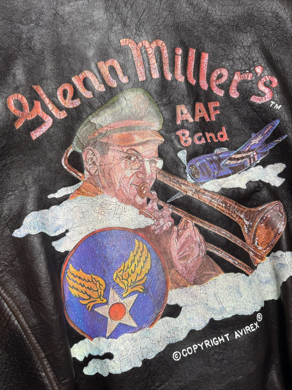 Jacket cuir cowhide flight A-2 Avirex made in USA usaf Glenn Millers nose art black 1989 - L