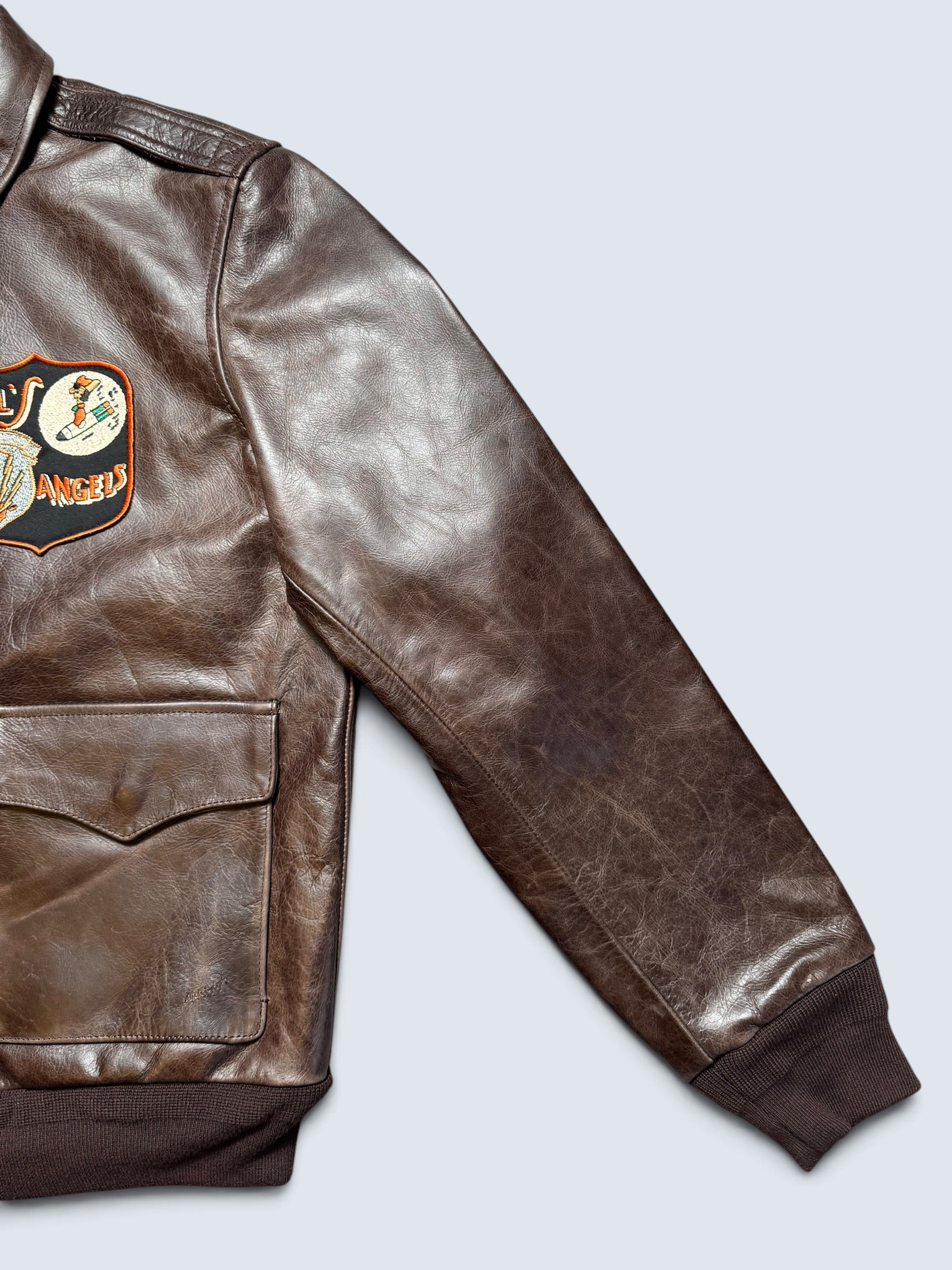 Jacket cuir horsehide flight A-2 Curphey Leather Hell's Angels patch & nose art usaf brown - 42 (L)
