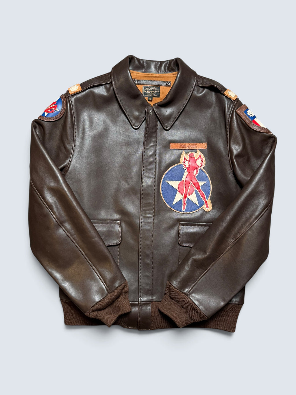 Jacket cuir Horsehide flight A-2 Star Sportswear MFG. co Flying Tigers usaf nose art full patch brown - 42 (L)