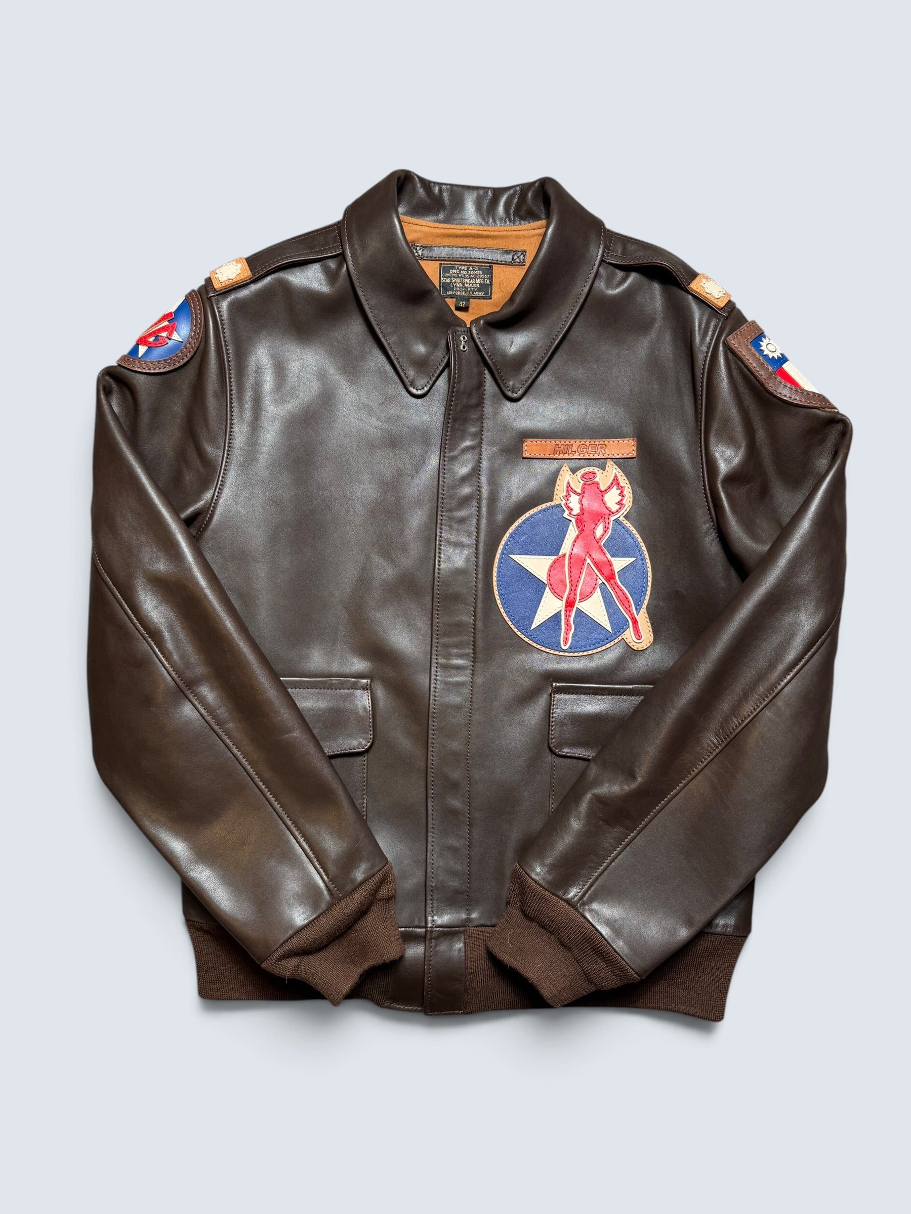Jacket cuir Horsehide flight A-2 Star Sportswear MFG. co Flying Tigers usaf nose art full patch brown - 42 (L)