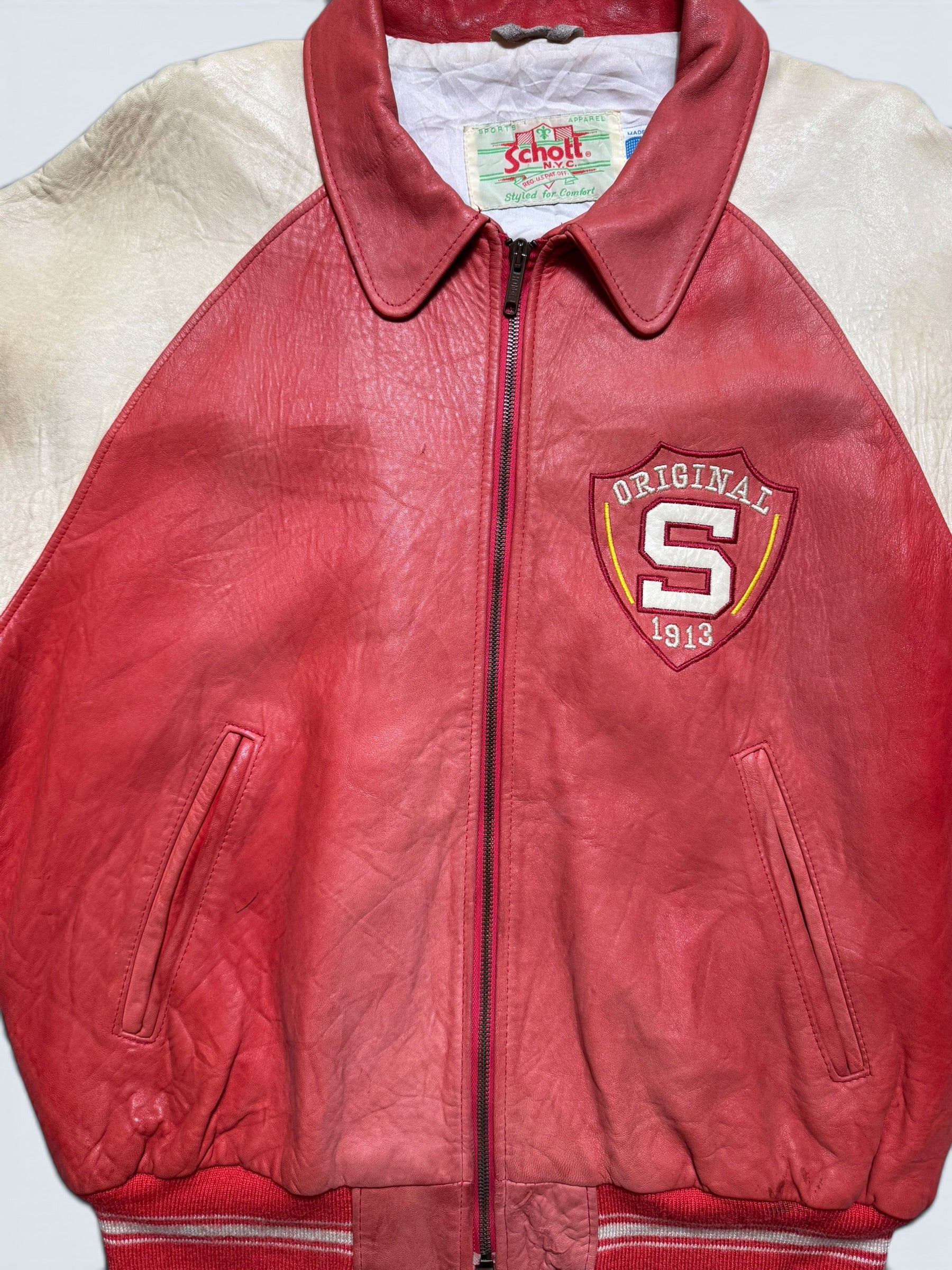Jacket cuir varsity baseball stadium Schott NYC made in USA red white vintage 80/90’s - XL