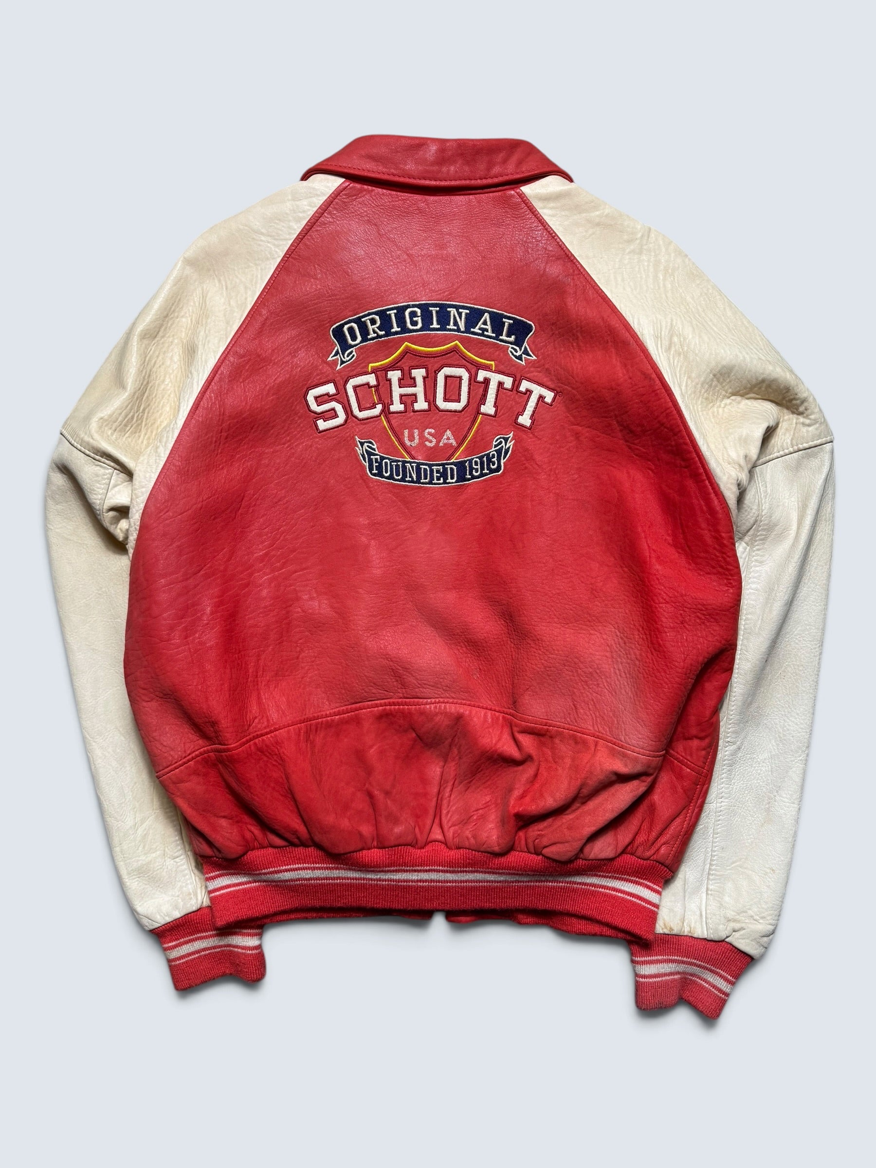 Jacket cuir varsity baseball stadium Schott NYC made in USA red white vintage 80/90’s - XL