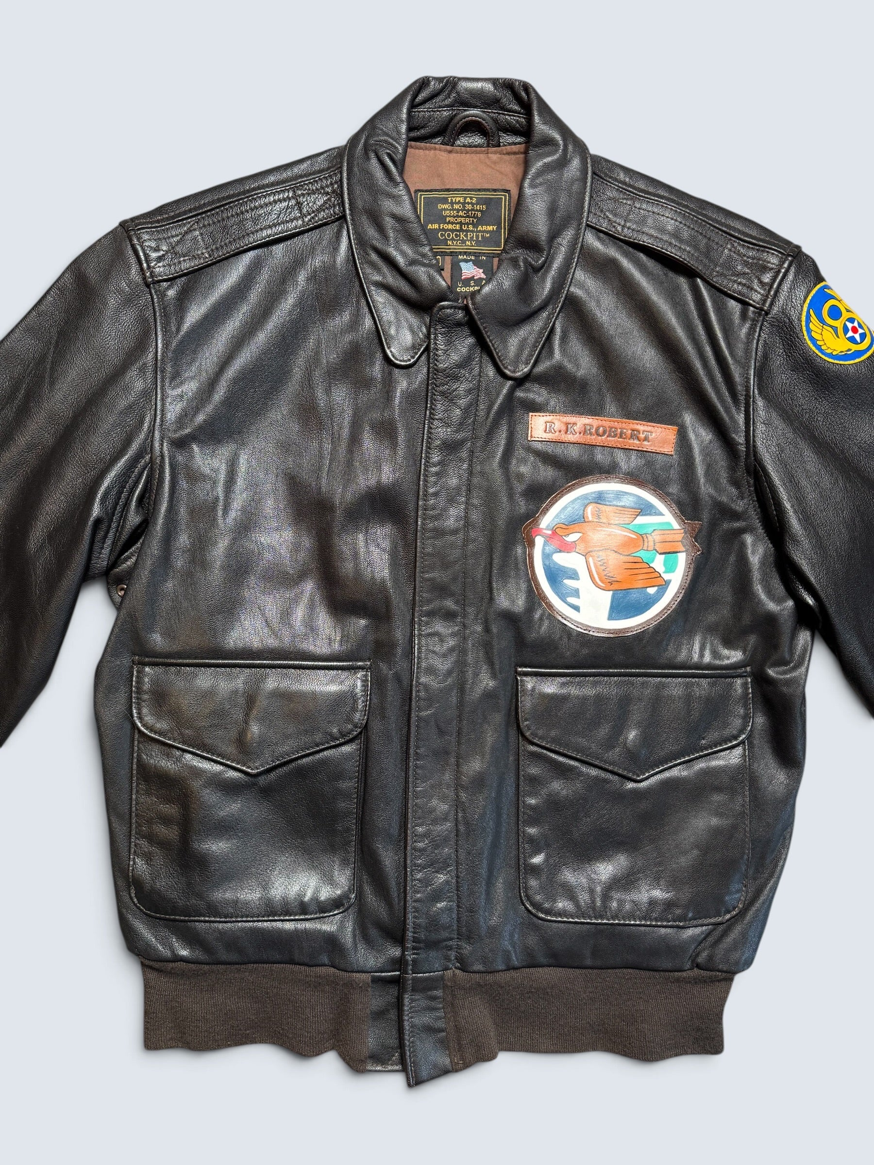 Jacket cuir goatskin flight A-2 Cockpit made in usa usaf Menphis Belle nose art patch black - 40 (L/XL)