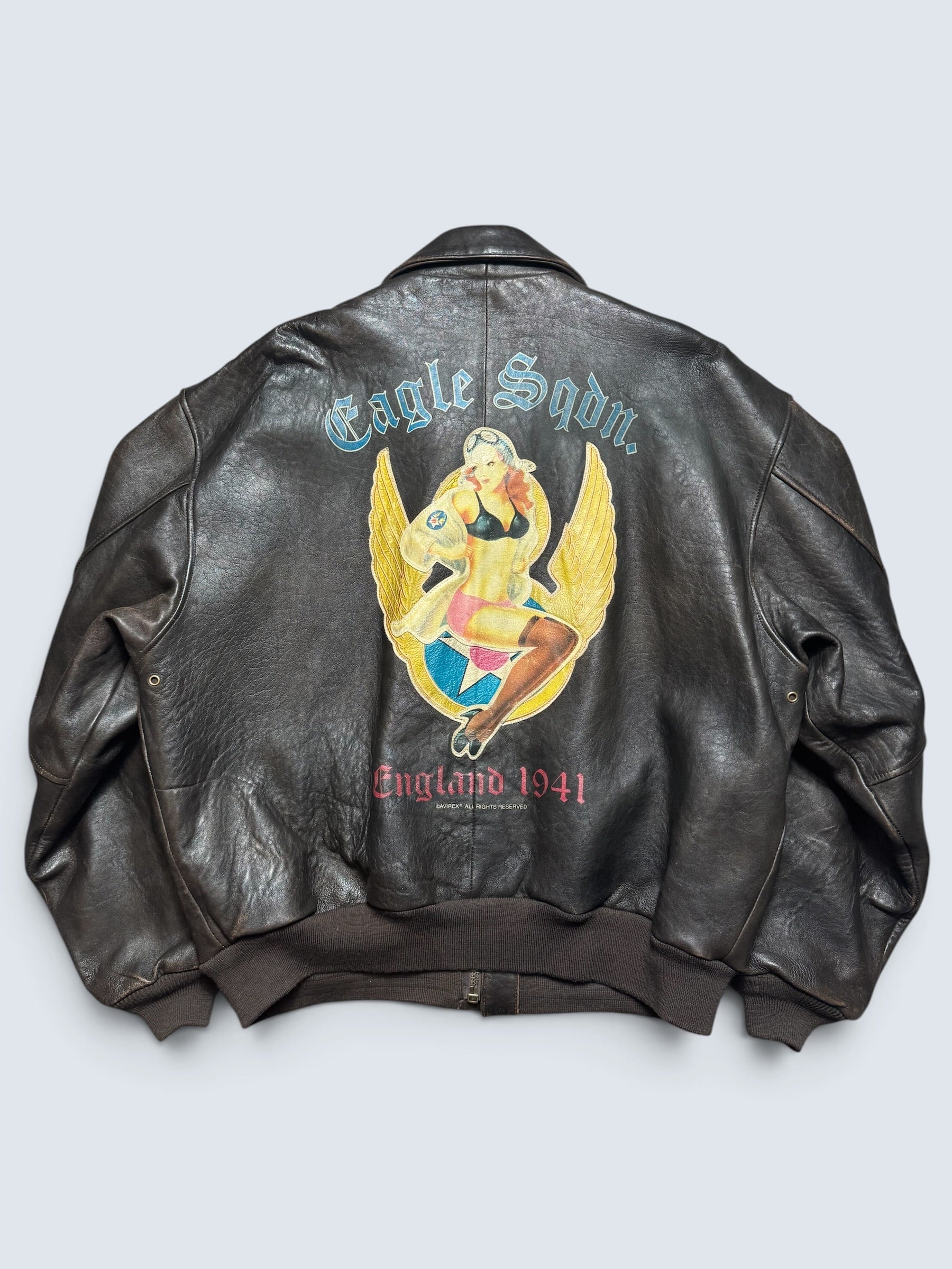 Jacket cuir flight A-2 Avirex usaf England 1941 nose art patch black 90’s - 2XL/3XL