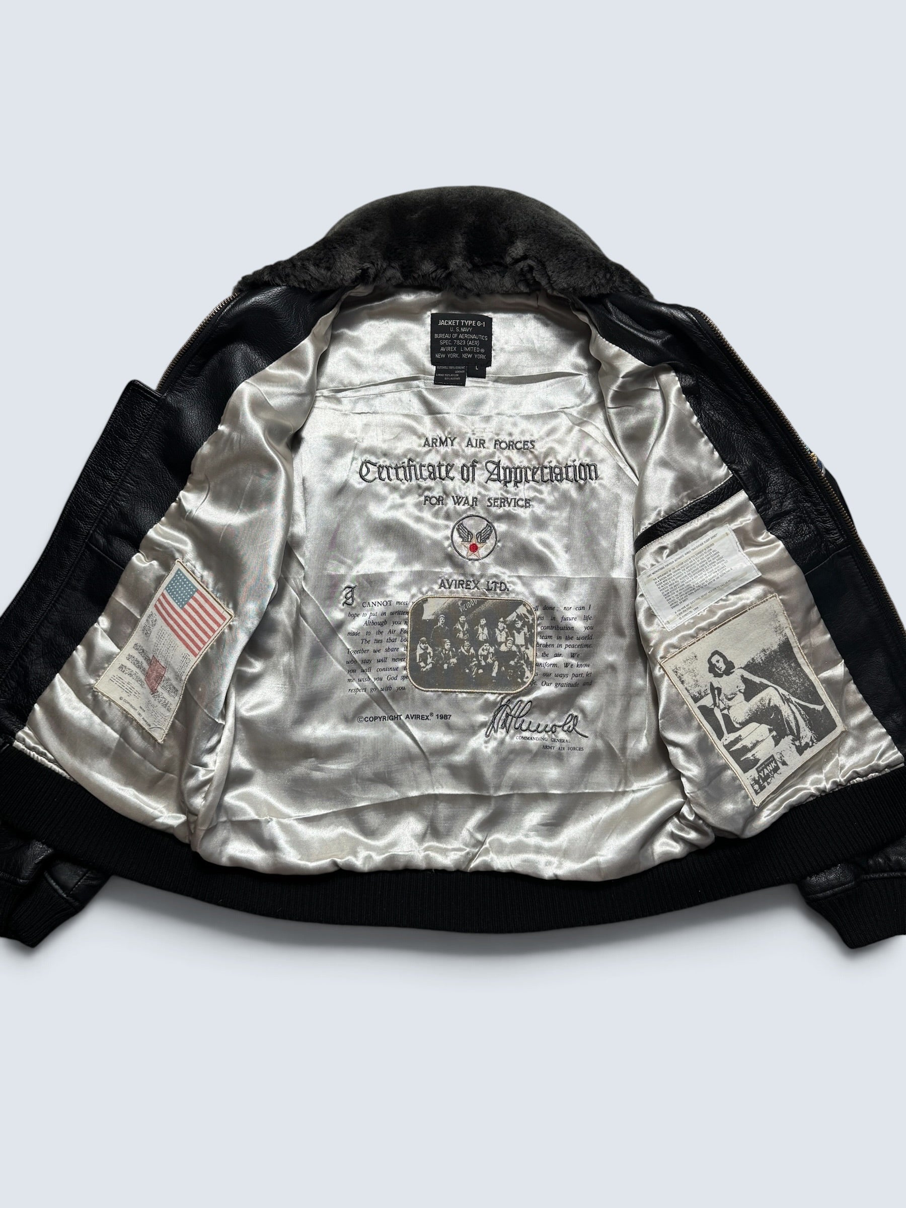 Jacket unisexe cuir cowhide flight G-1 Avirex LTD Top Gun usn full patch black 1998 - M