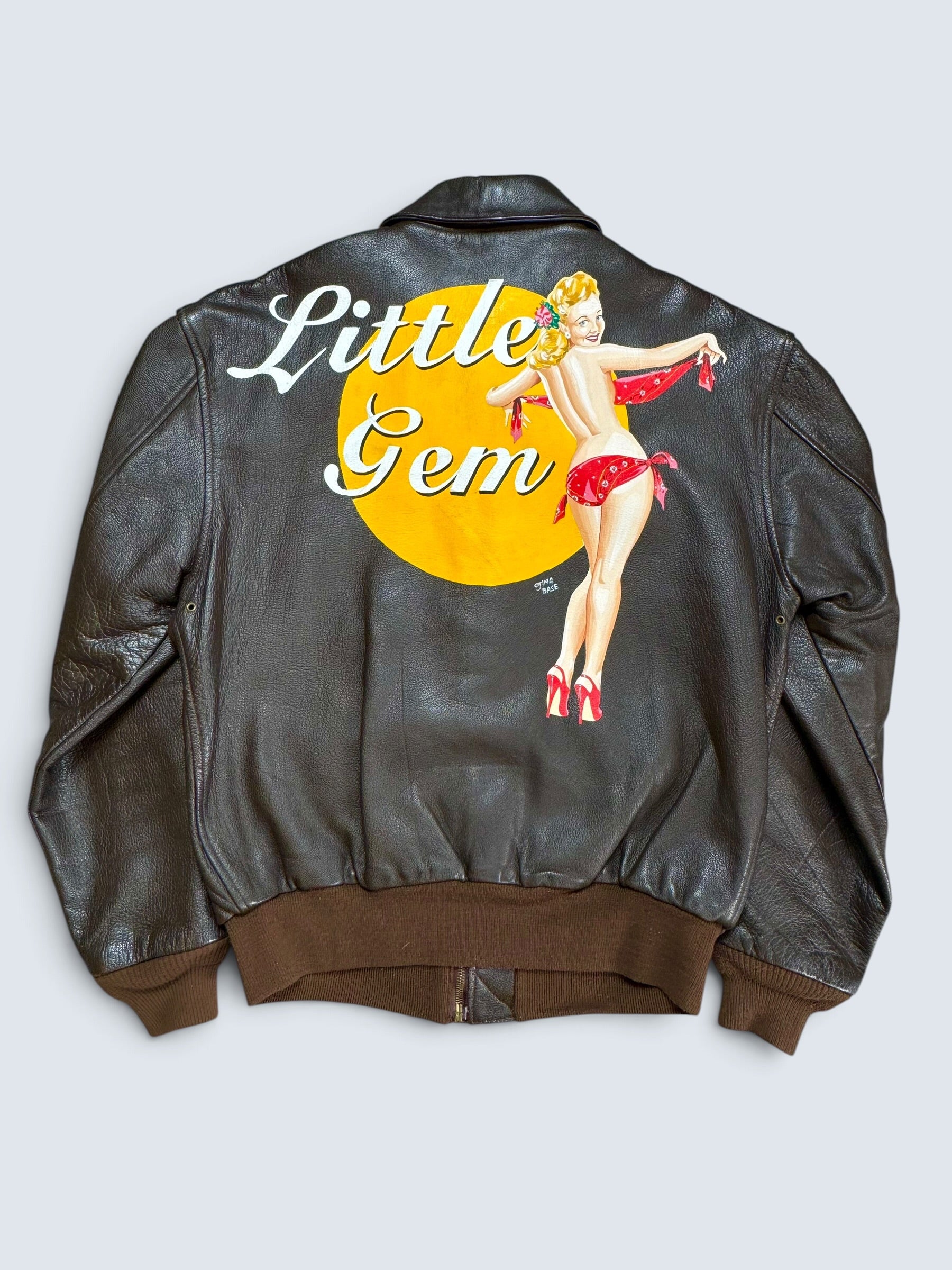 Jacket cuir goatskin flight A-2 Cooper usa usaf Little Gem nose art patch black 80’s - 38 (M)