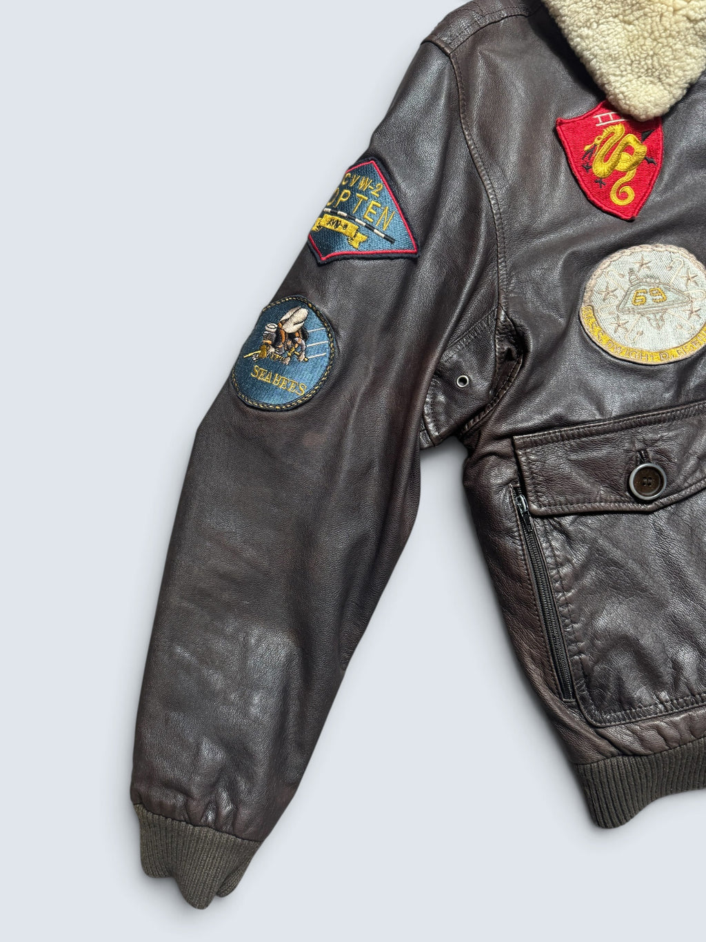 Jacket cuir cowhide flight G-1 Avirex LTD Japan exclusive Top Gun usn full patch brown 90’s - S