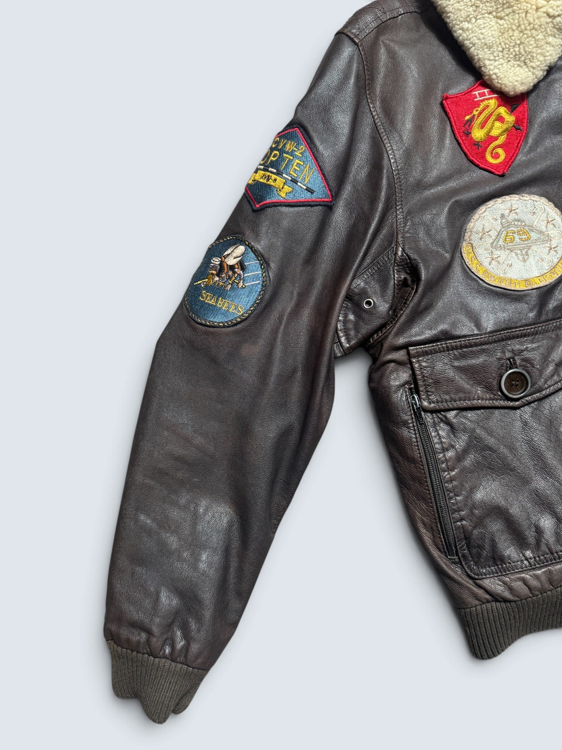 Jacket cuir cowhide flight G-1 Avirex LTD Japan exclusive Top Gun usn full patch brown 90’s - S