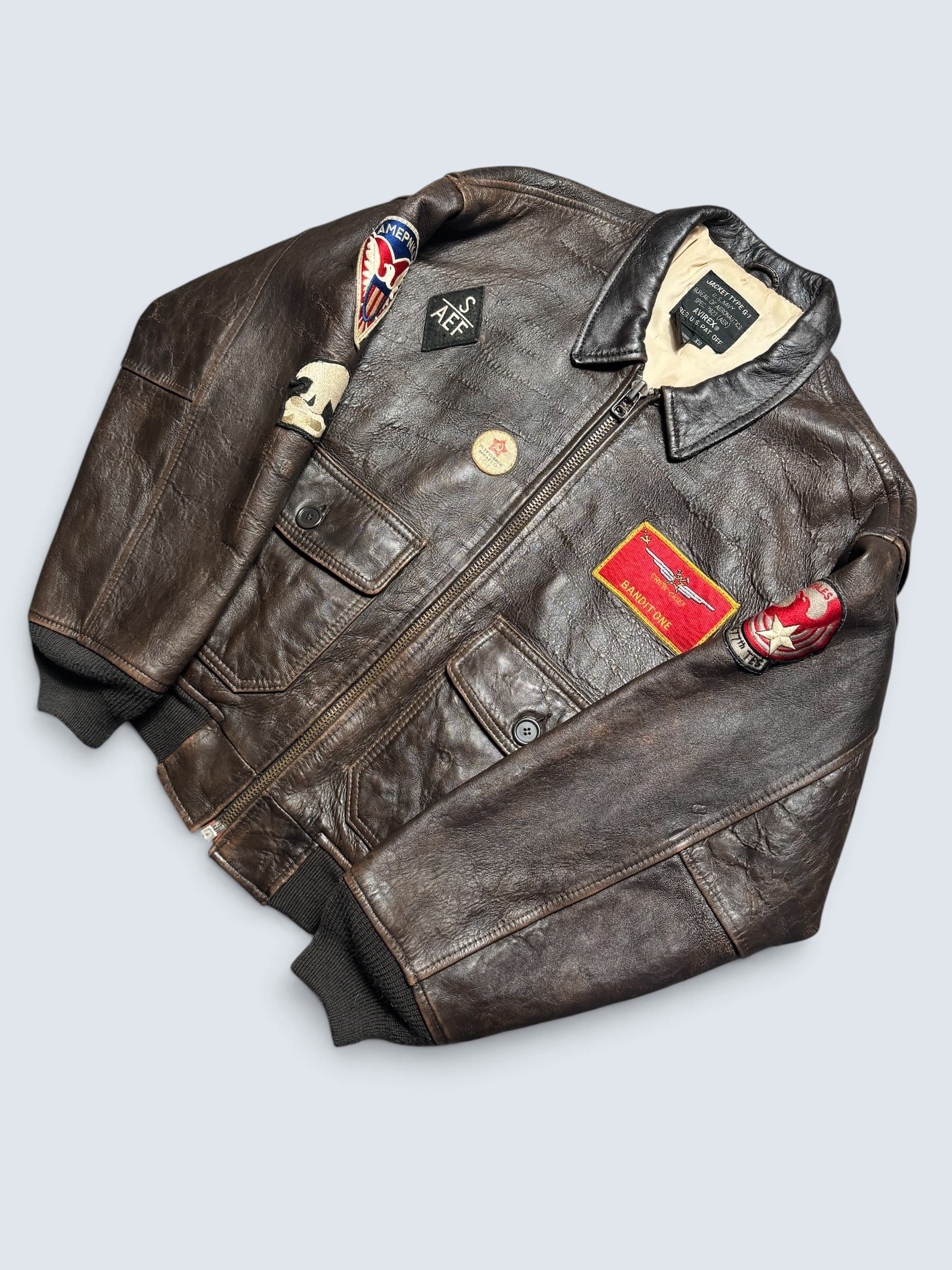 Jacket cuir cowhide flight G-1 Avirex usn full patch Mig-29 brown 1990 - XS/S