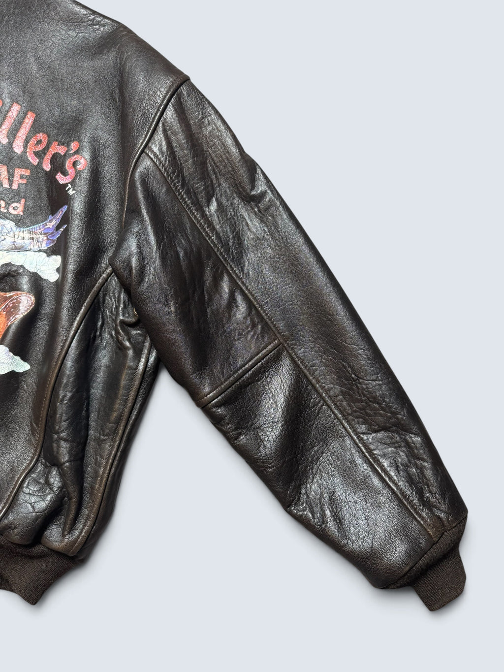 Jacket cuir cowhide flight A-2 Avirex made in USA usaf Glenn Millers nose art black 1989 - L