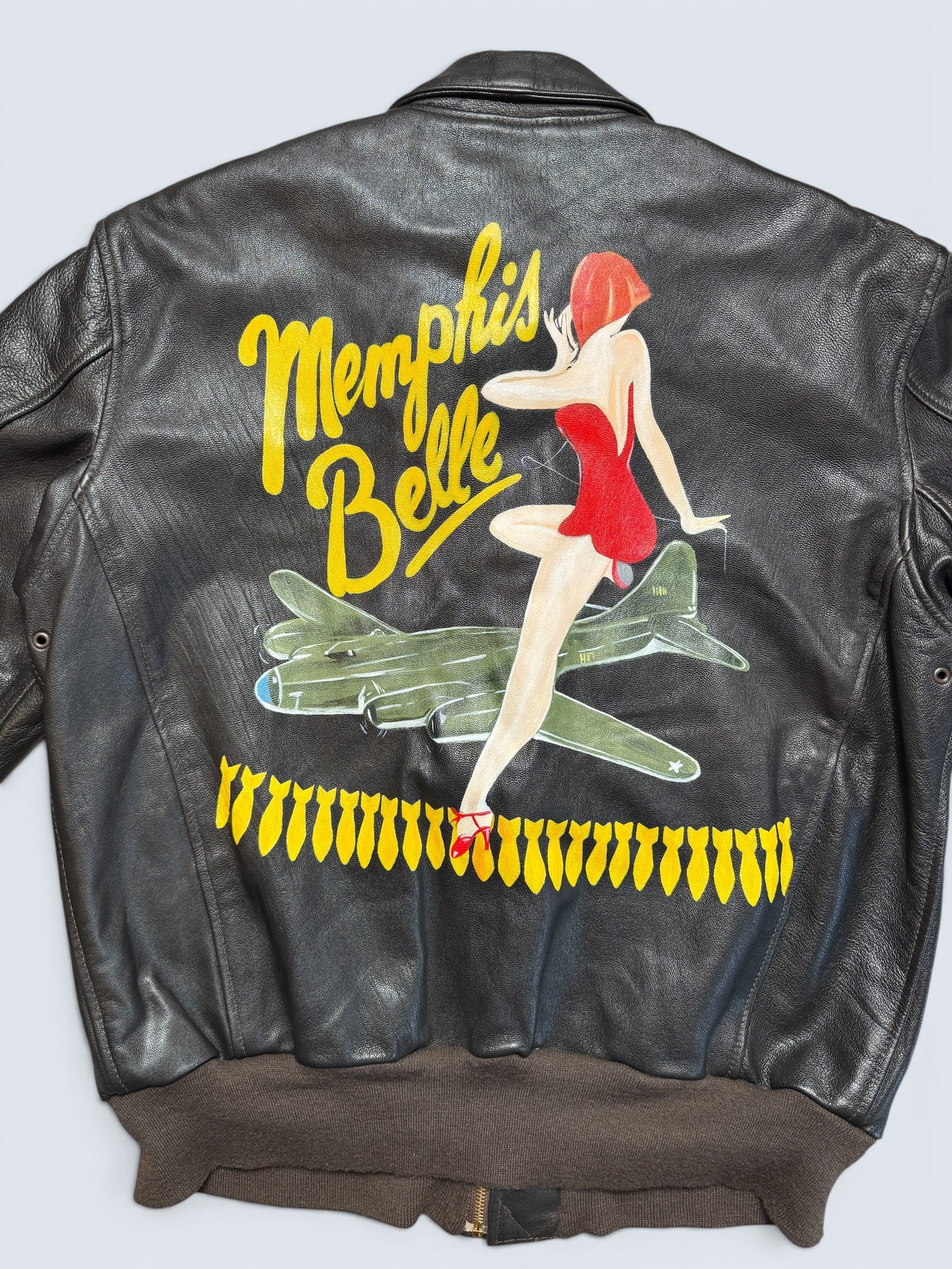 Jacket cuir goatskin flight A-2 Cockpit made in usa usaf Menphis Belle nose art patch black - 40 (L/XL)