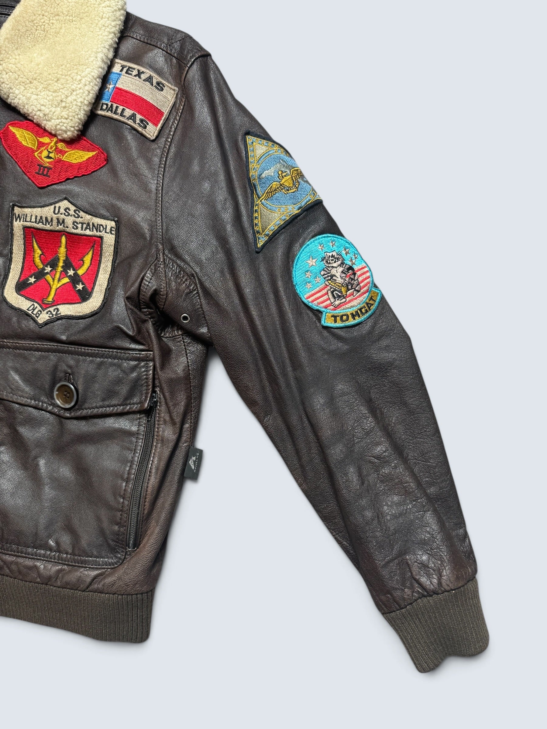 Jacket cuir cowhide flight G-1 Avirex LTD Japan exclusive Top Gun usn full patch brown 90’s - S