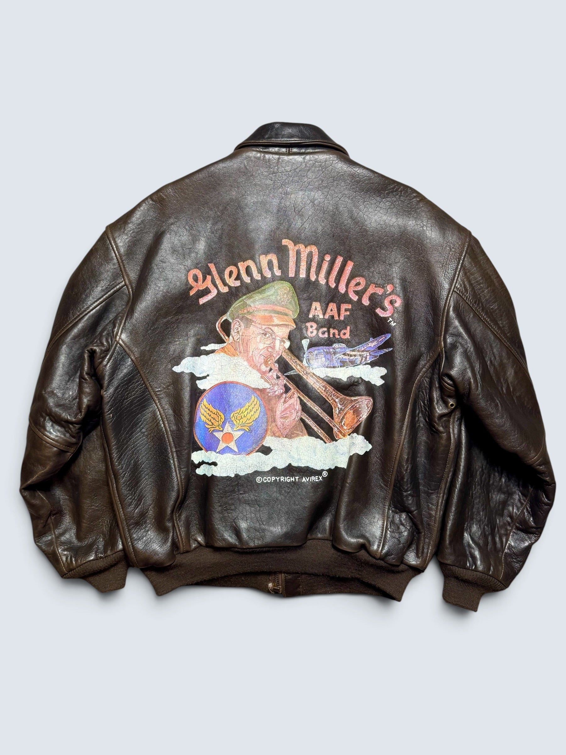 Jacket cuir cowhide flight A-2 Avirex made in USA usaf Glenn Millers nose art black 1989 - L