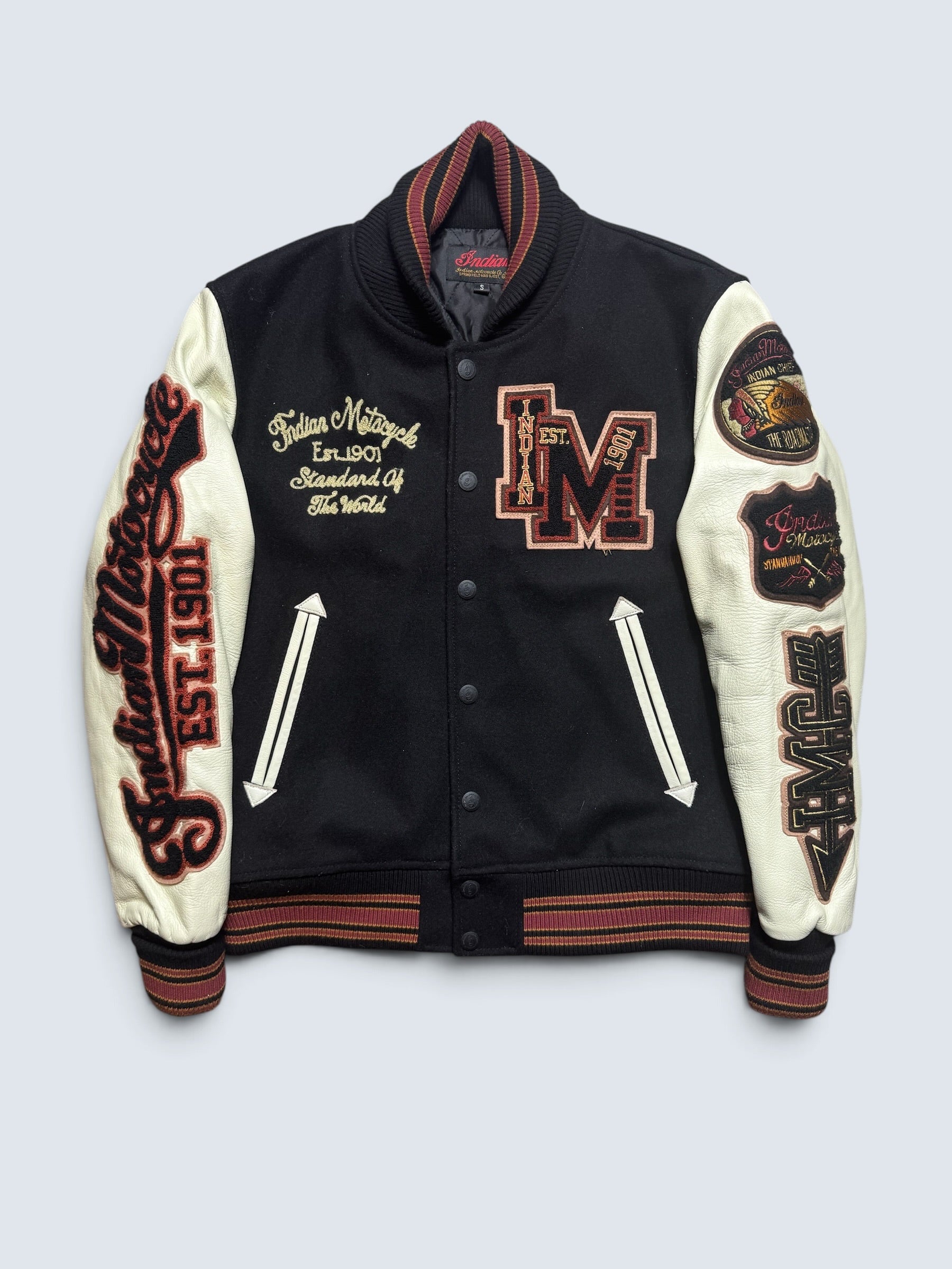 Jacket teddy varsity cuir Indian Motorcycle Japan edition black & white 00's - S
