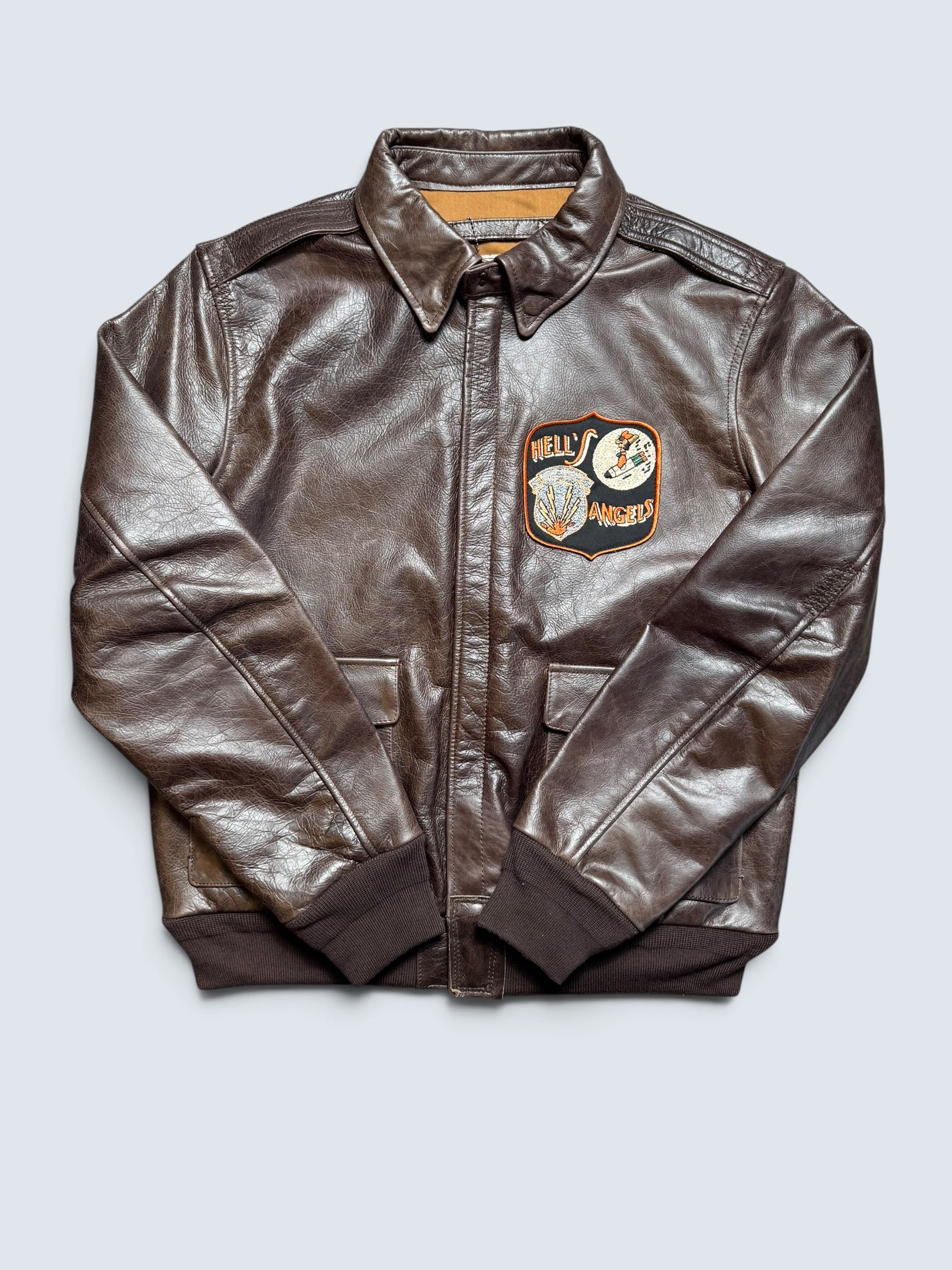 Jacket cuir horsehide flight A-2 Curphey Leather Hell's Angels patch & nose art usaf brown - 42 (L)