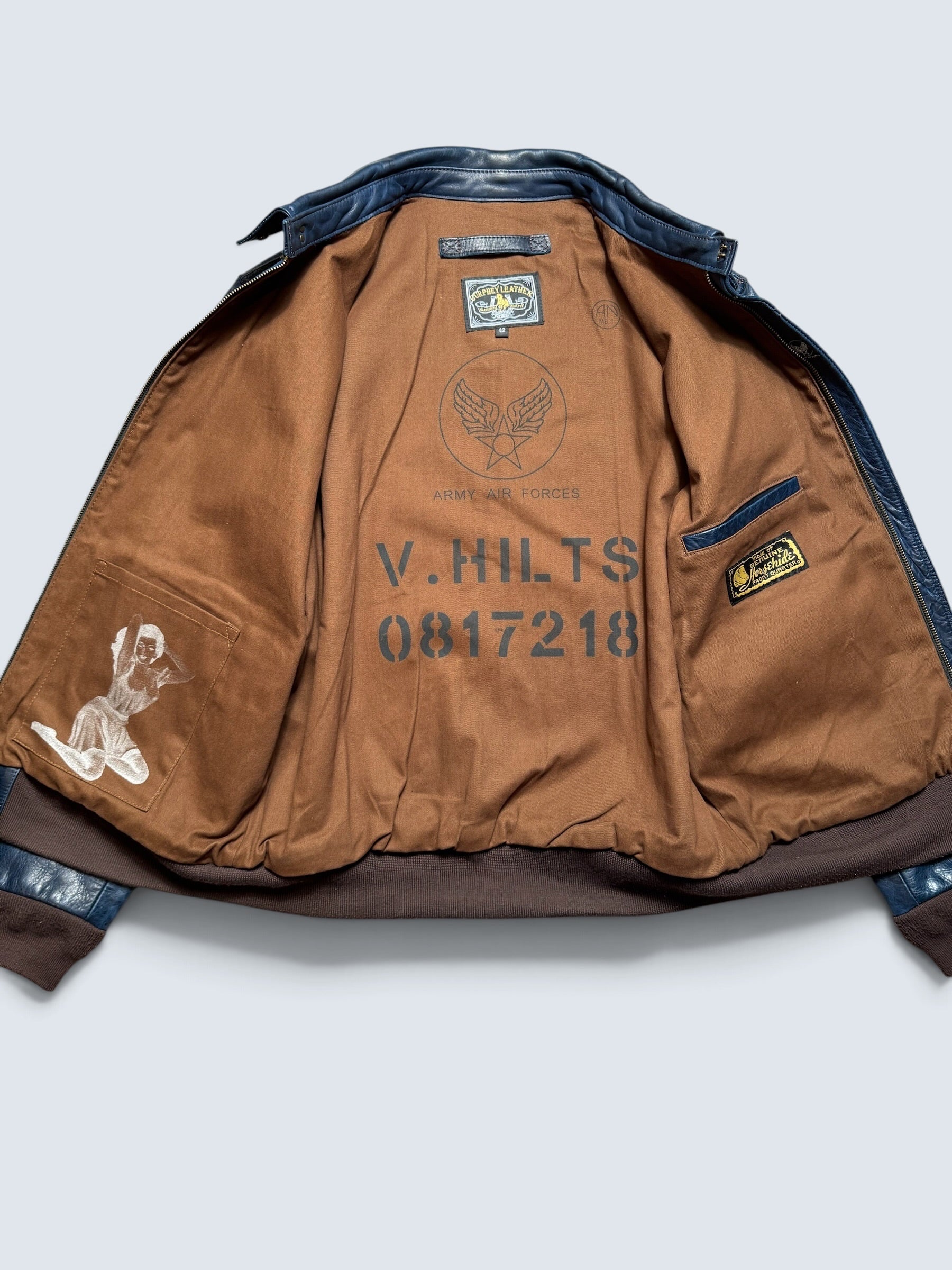 Jacket cuir horsehide bomber flight A-2 Curphey Leather patch & nose art usaf navy - 42 (L)
