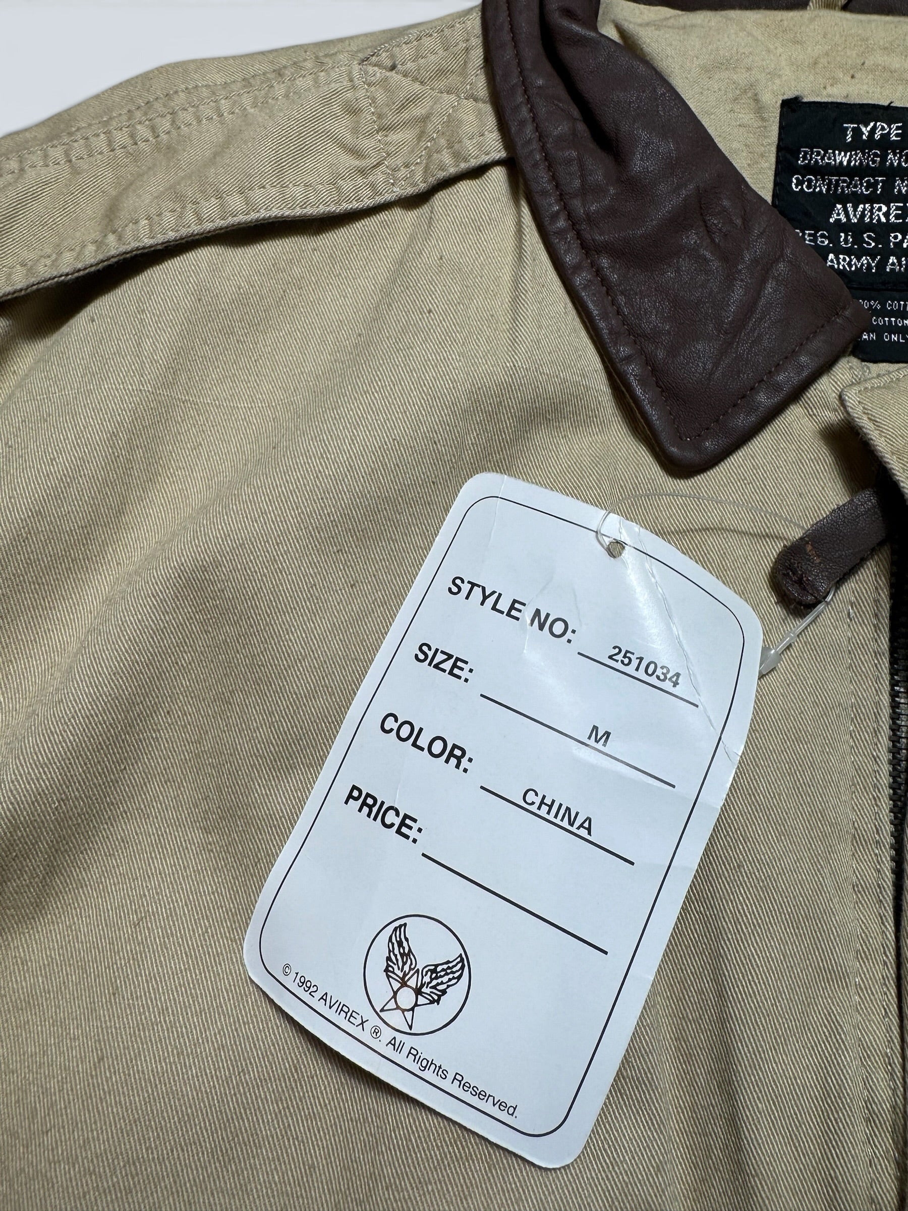 Jacket deadstock flight A-2 Cotton Twill Avirex usa usaf patch beige 1992 - L/XL