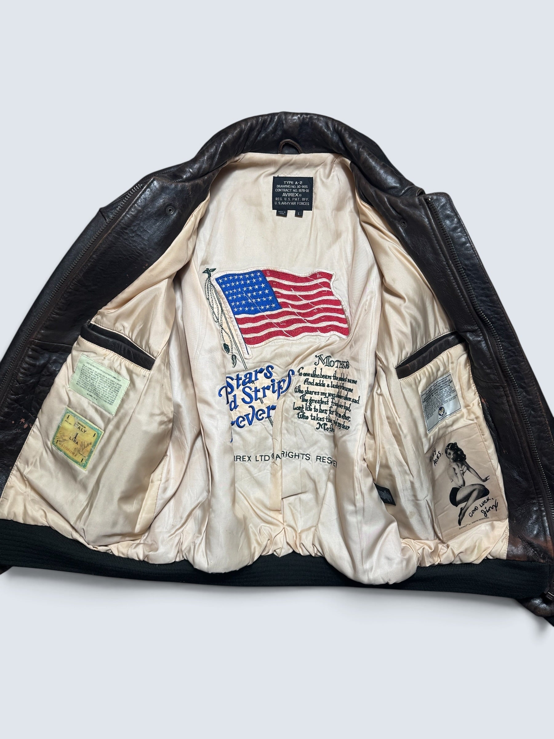 Jacket cuir cowhide flight A-2 Avirex usaf Glenn Millers nose art black 1998 - XL