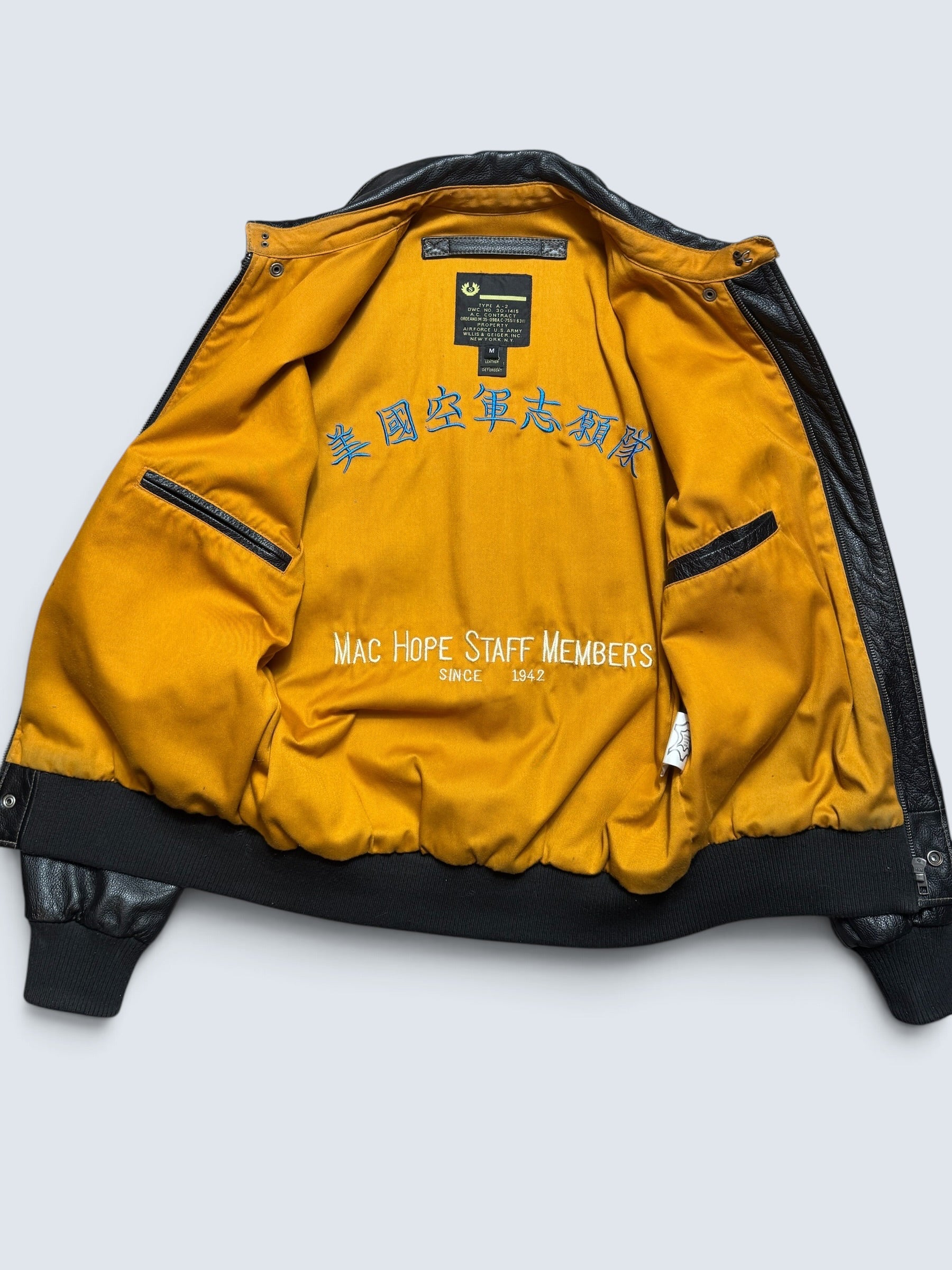 Jacket cuir flight A-2 Willis & Geiger patch & nose art flying tigers usaf black 00's - M