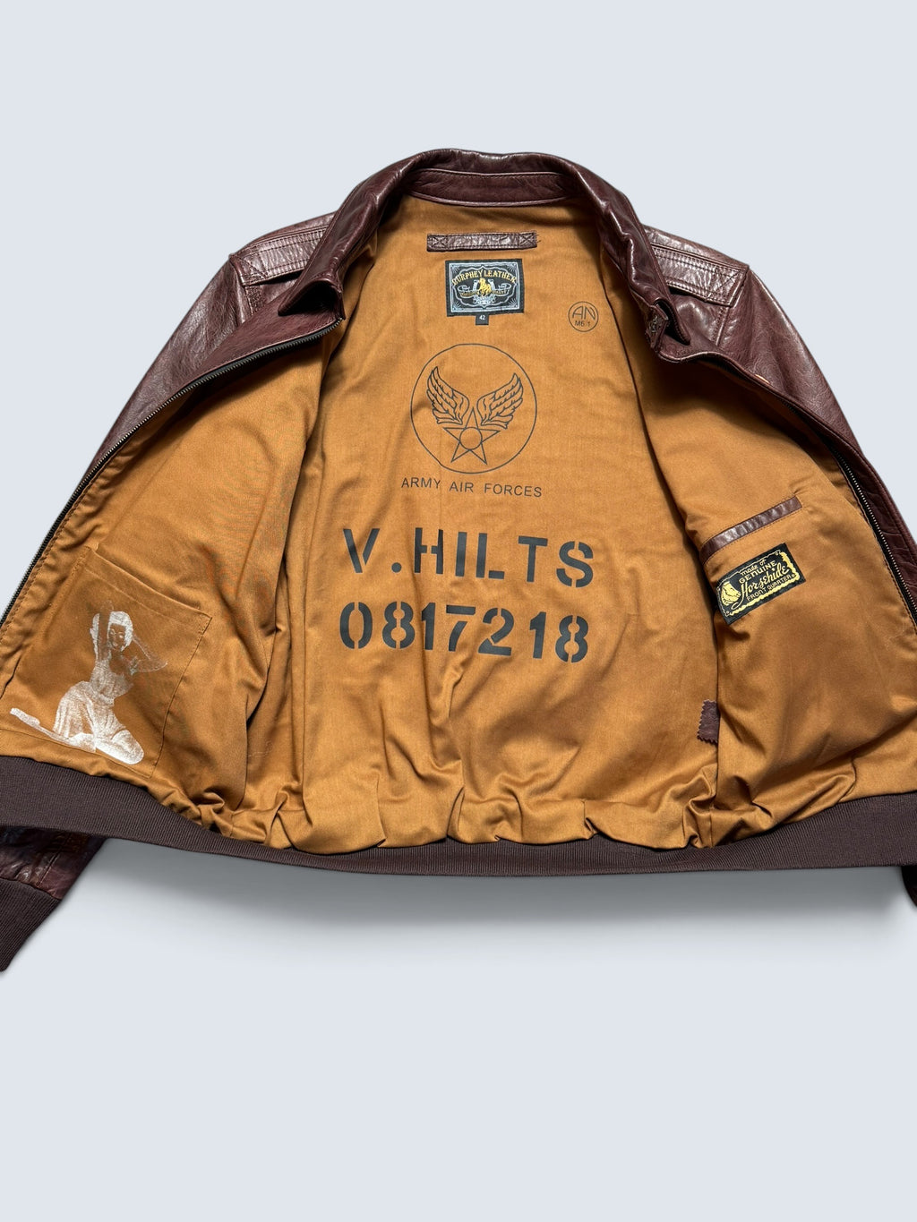 Jacket cuir horsehide flight A-2 Curphey Leather Hell's Angels patch & nose art usaf brown - 42 (L)